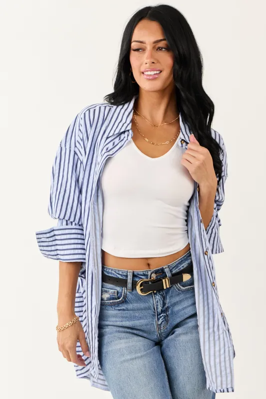 Entro Sky Blue Striped Long Sleeve Button Up Top sold by Lime Lush