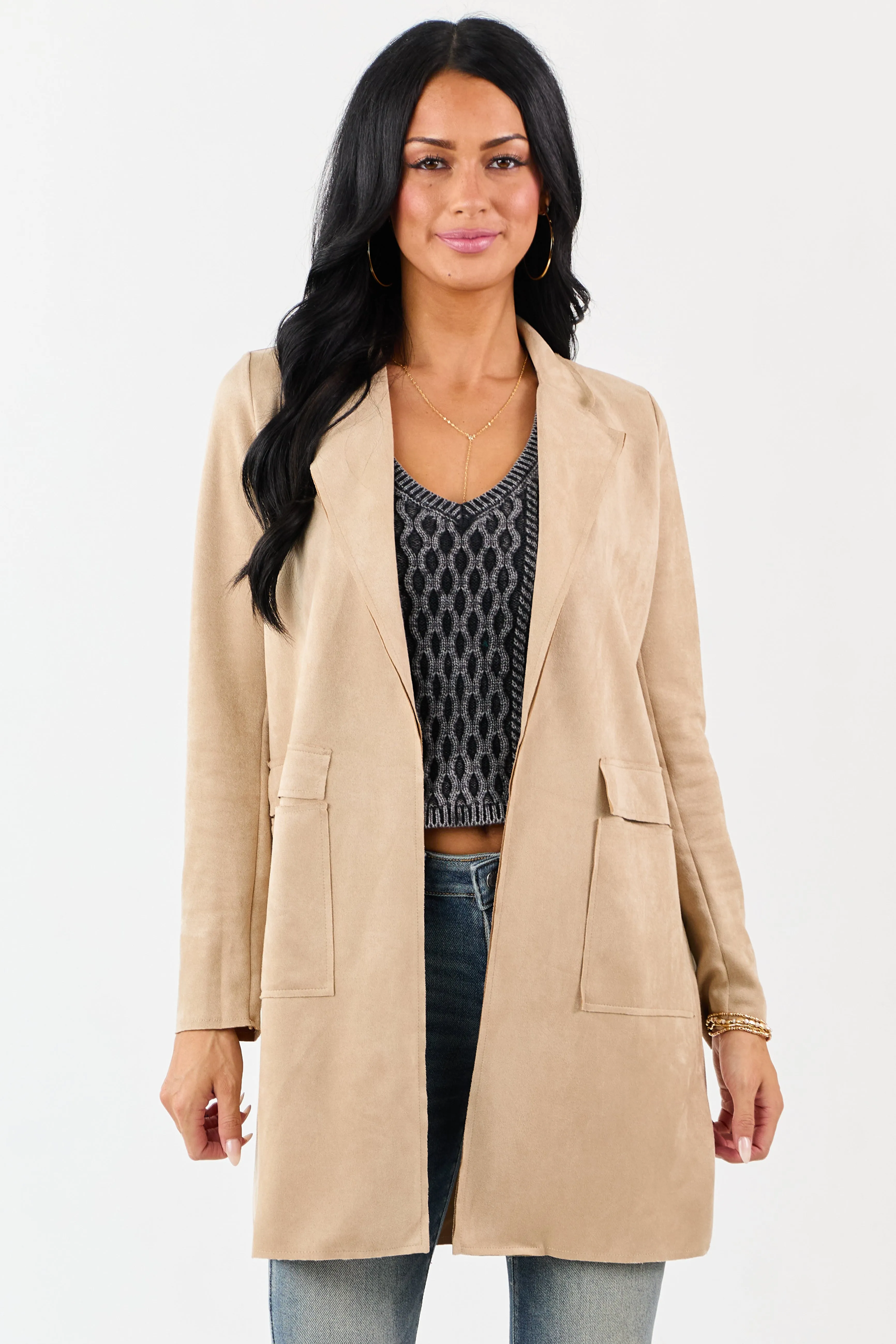 Coconut Faux Suede Open Front Jacket sold by Lime Lush product image thumbnail 2