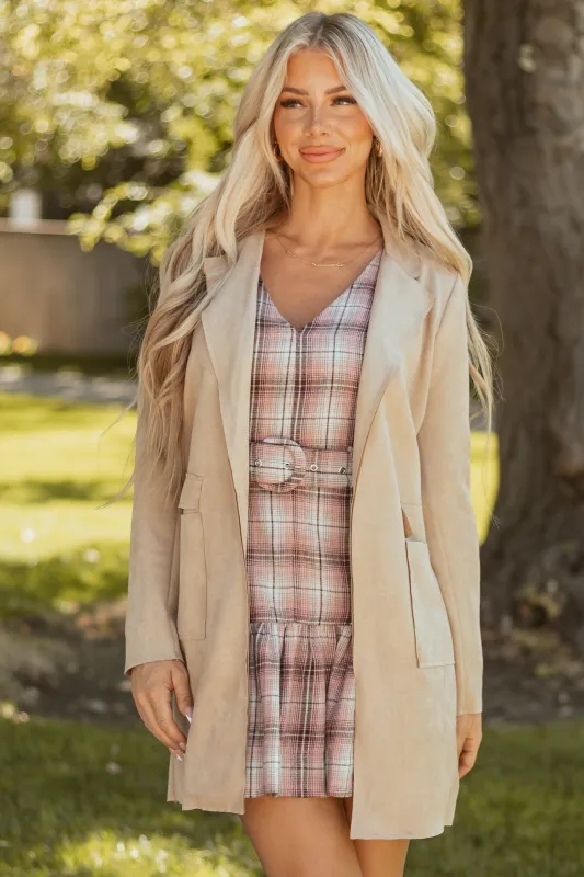 Coconut Faux Suede Open Front Jacket sold by Lime Lush