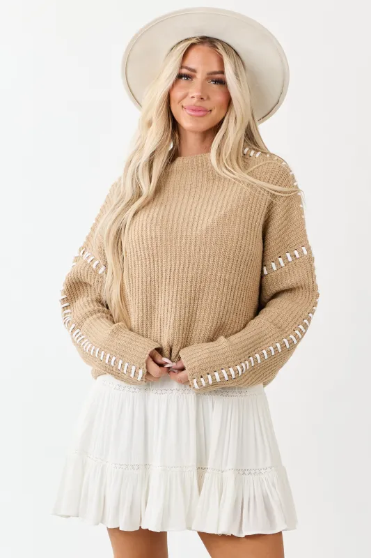 Latte Contrast Blanket Stitch Mock Neck Sweater sold by Lime Lush