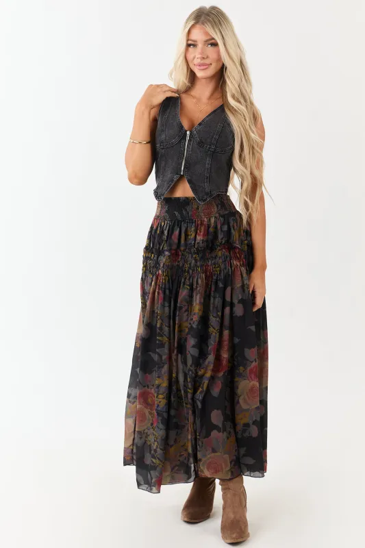 Black Floral Print Smocked Waist Maxi Skirt sold by Lime Lush