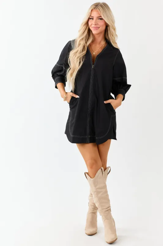 Entro Black Zip Up Collared 3/4 Sleeve Mini Dress sold by Lime Lush