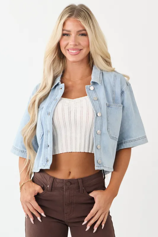 Mica Denim Light Wash Button Down Half Sleeve Top sold by Lime Lush
