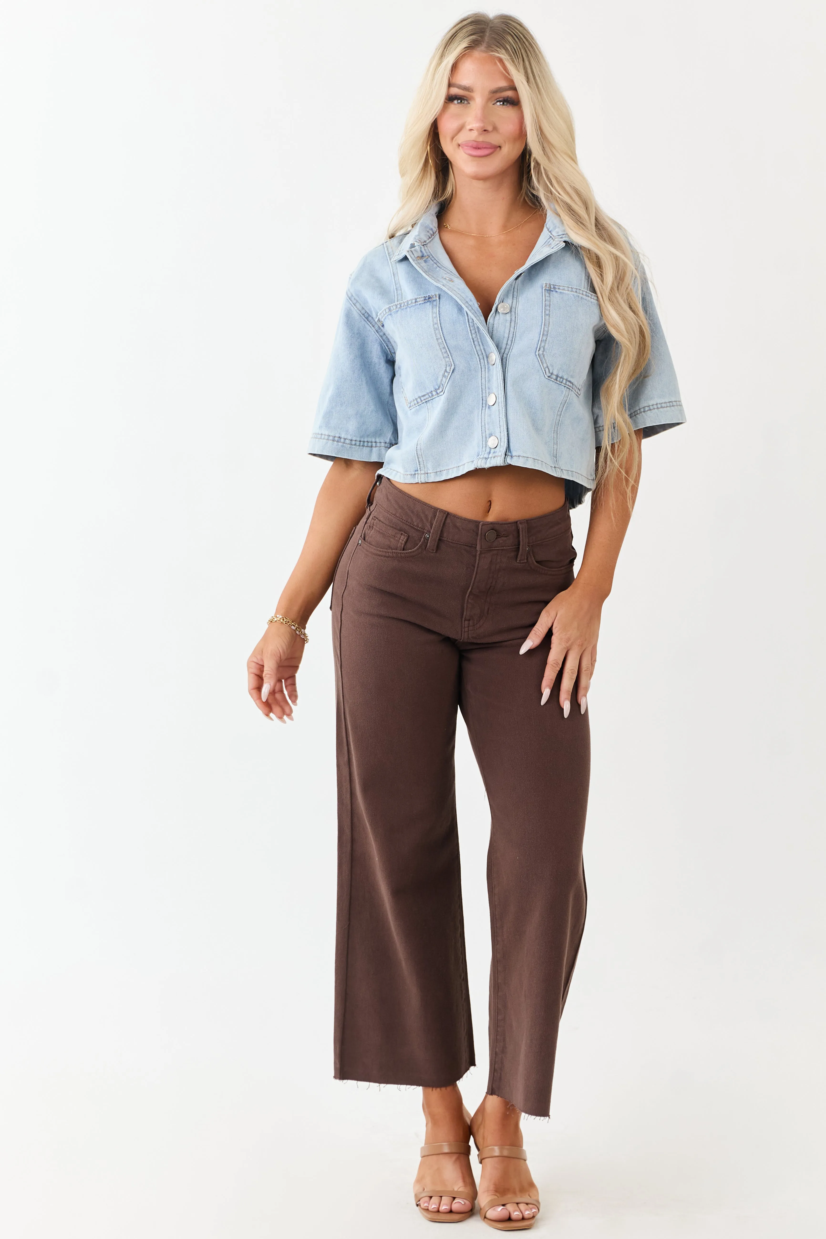 Mica Denim Light Wash Button Down Half Sleeve Top sold by Lime Lush product image thumbnail 2