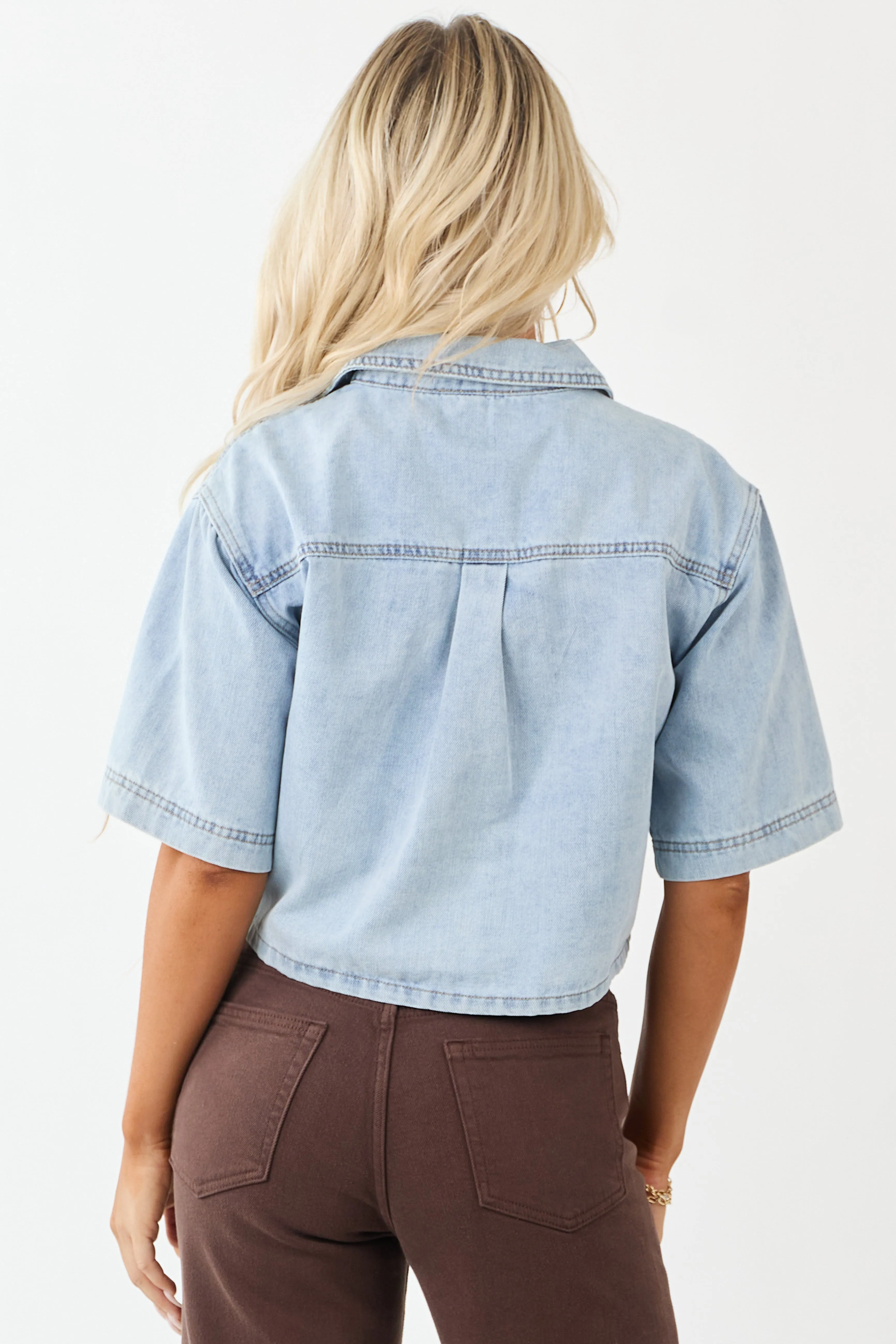Mica Denim Light Wash Button Down Half Sleeve Top sold by Lime Lush product image thumbnail 5