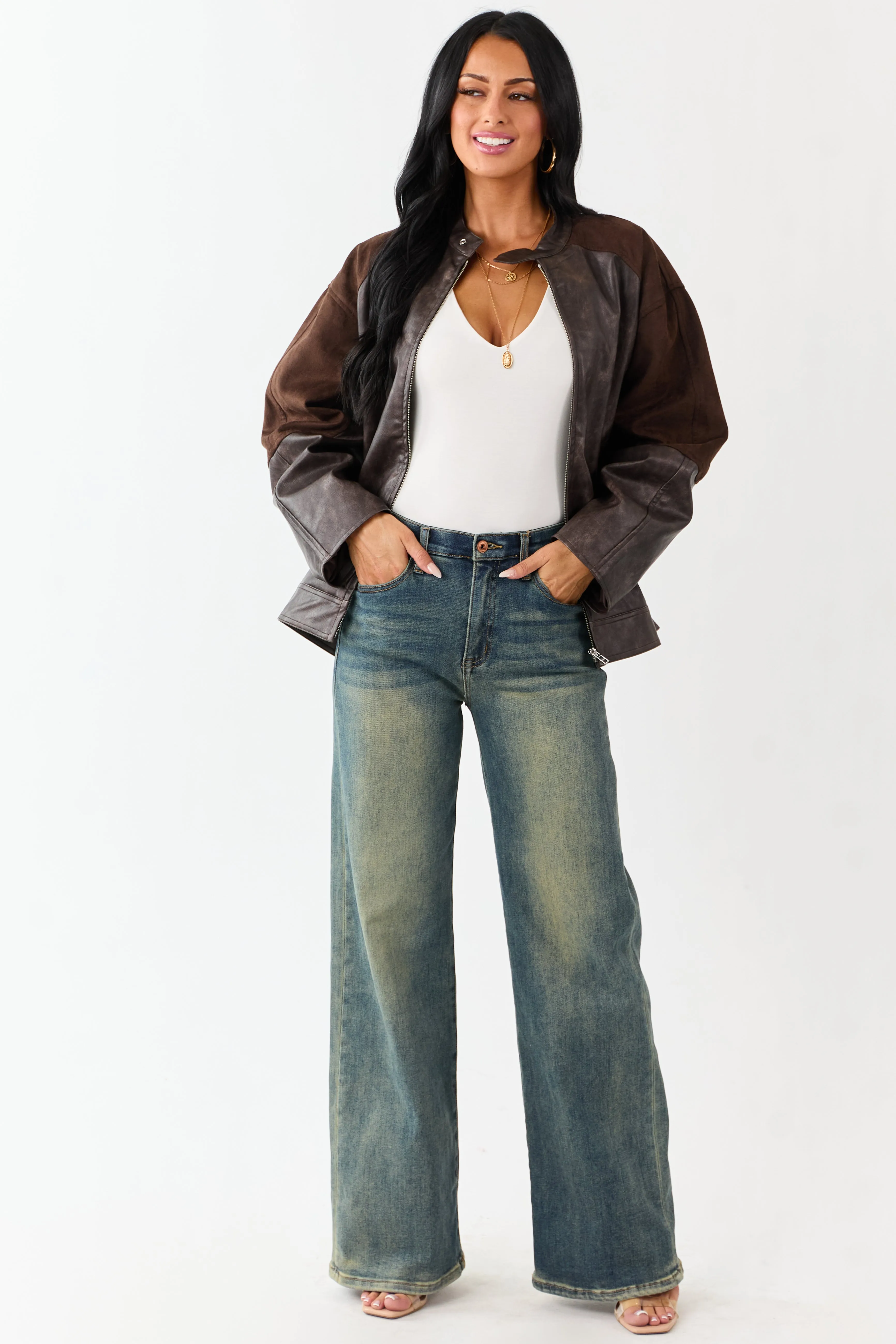 Cocoa Faux Leather Barrel Sleeve Zip Up Jacket sold by Lime Lush product image thumbnail 5