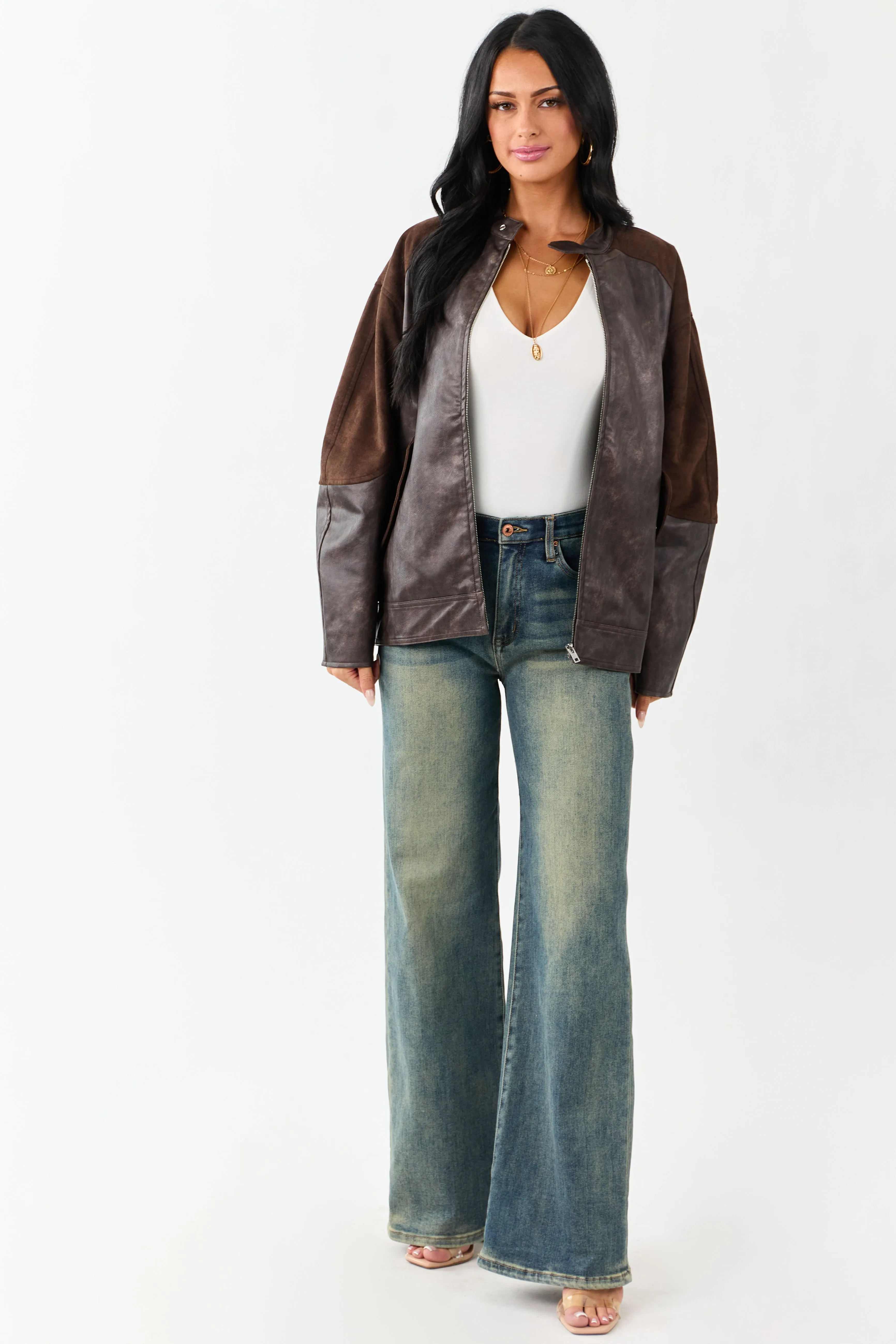Cocoa Faux Leather Barrel Sleeve Zip Up Jacket sold by Lime Lush product image thumbnail 4