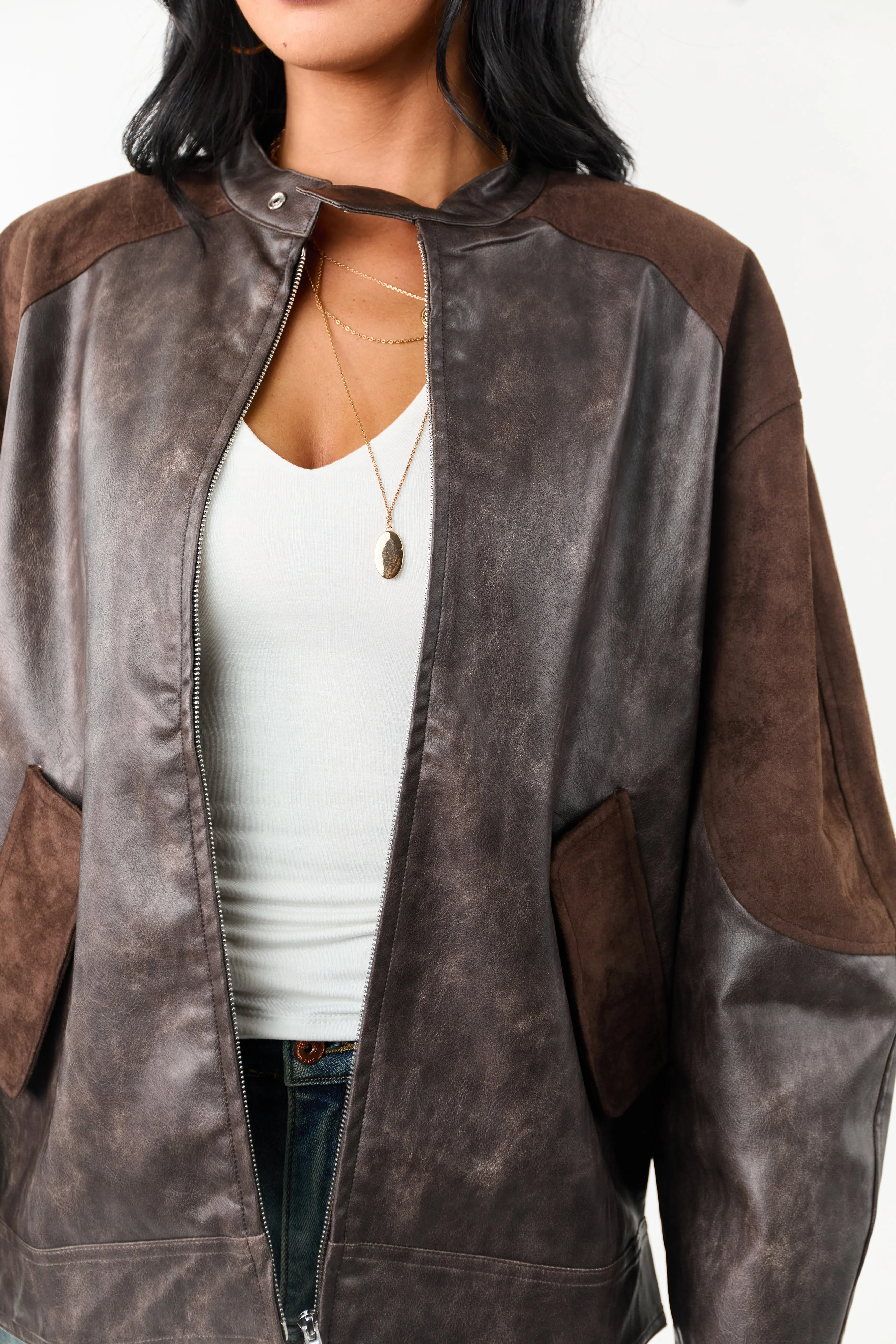 Cocoa Faux Leather Barrel Sleeve Zip Up Jacket sold by Lime Lush product image thumbnail 2
