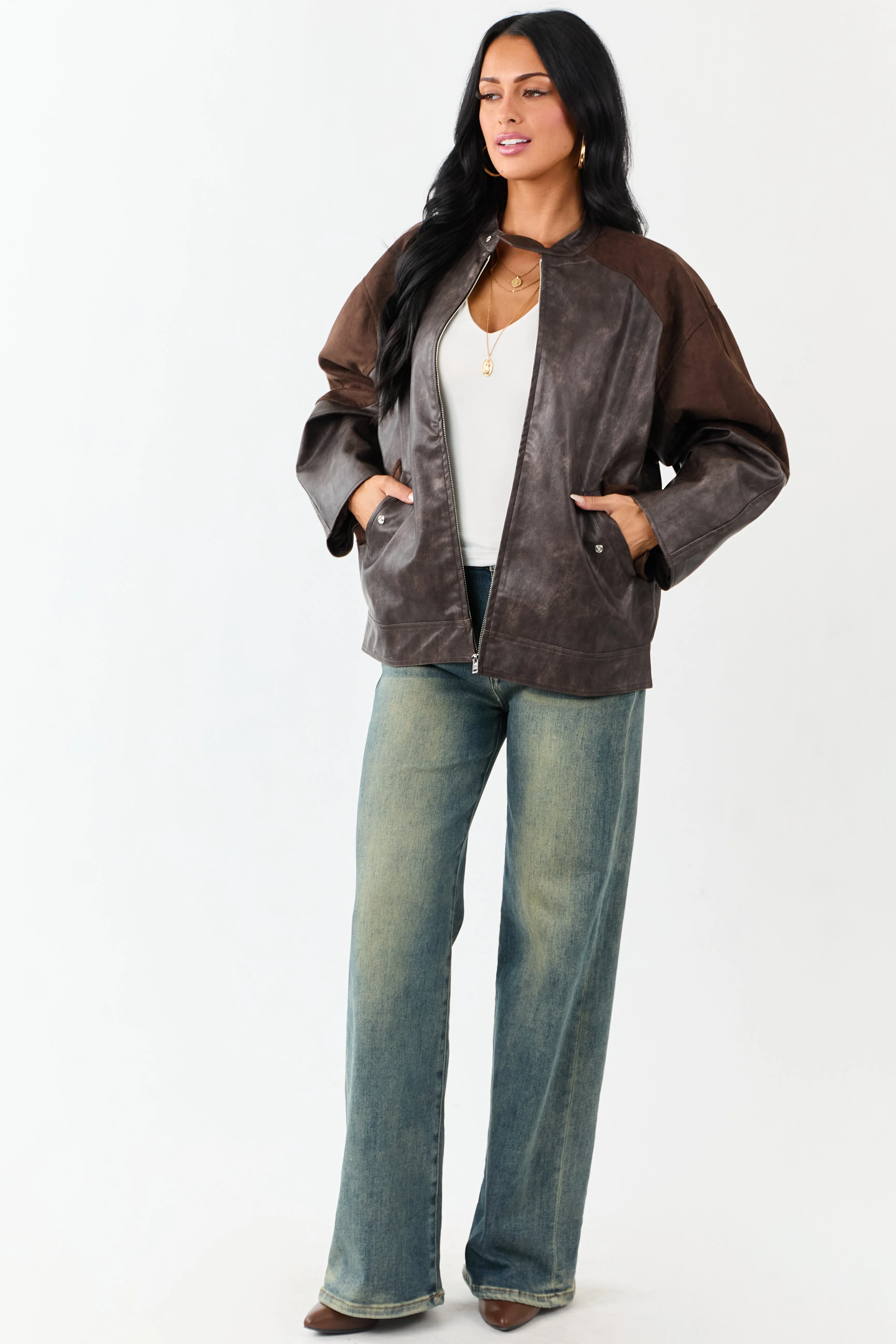 Cocoa Faux Leather Barrel Sleeve Zip Up Jacket sold by Lime Lush product image thumbnail 3