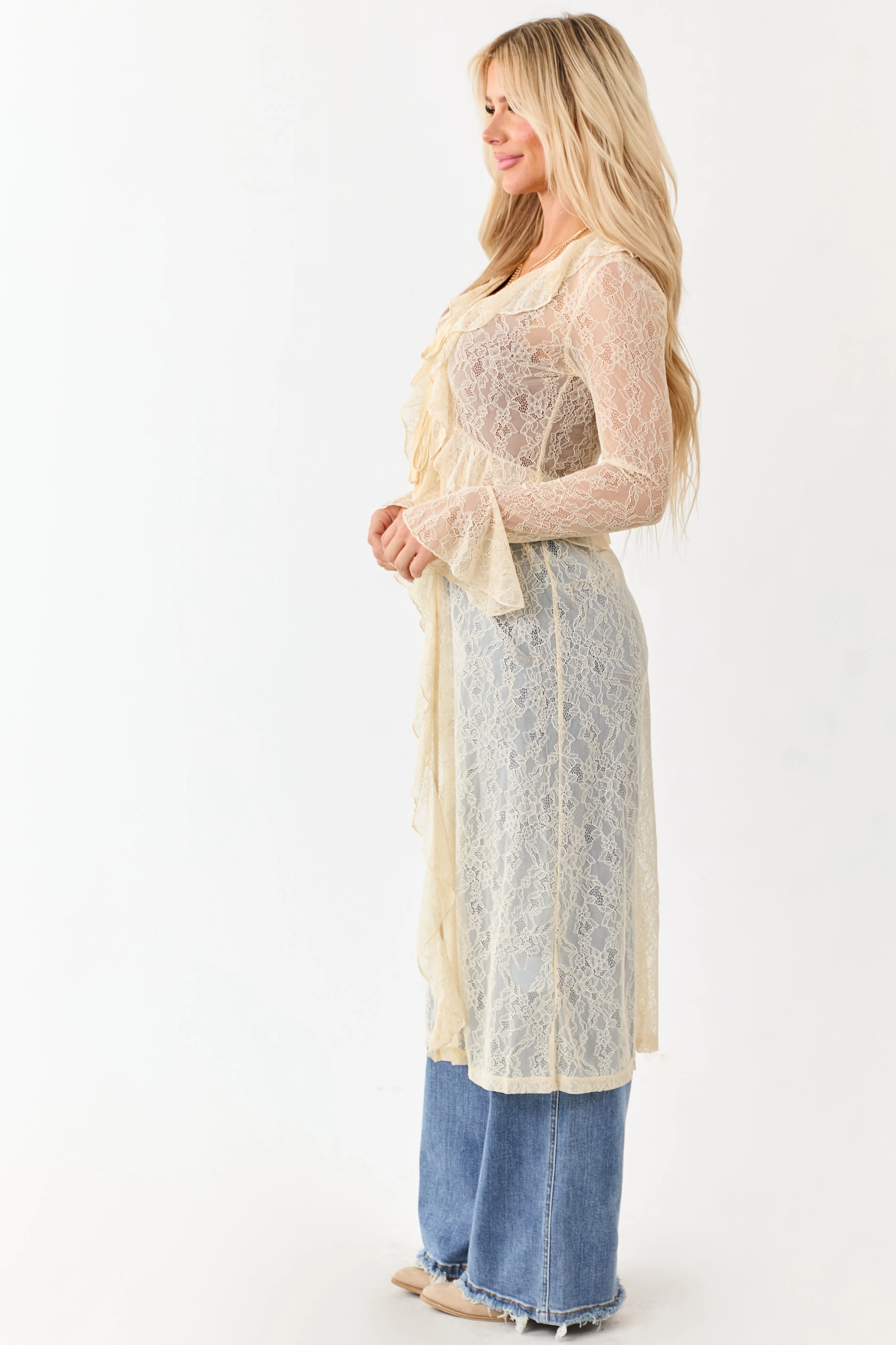 Listicle Cream Sheer Lace Ruffle Duster Cardigan sold by Lime Lush product image thumbnail 5
