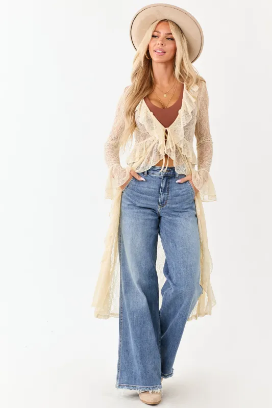 Listicle Cream Sheer Lace Ruffle Duster Cardigan sold by Lime Lush