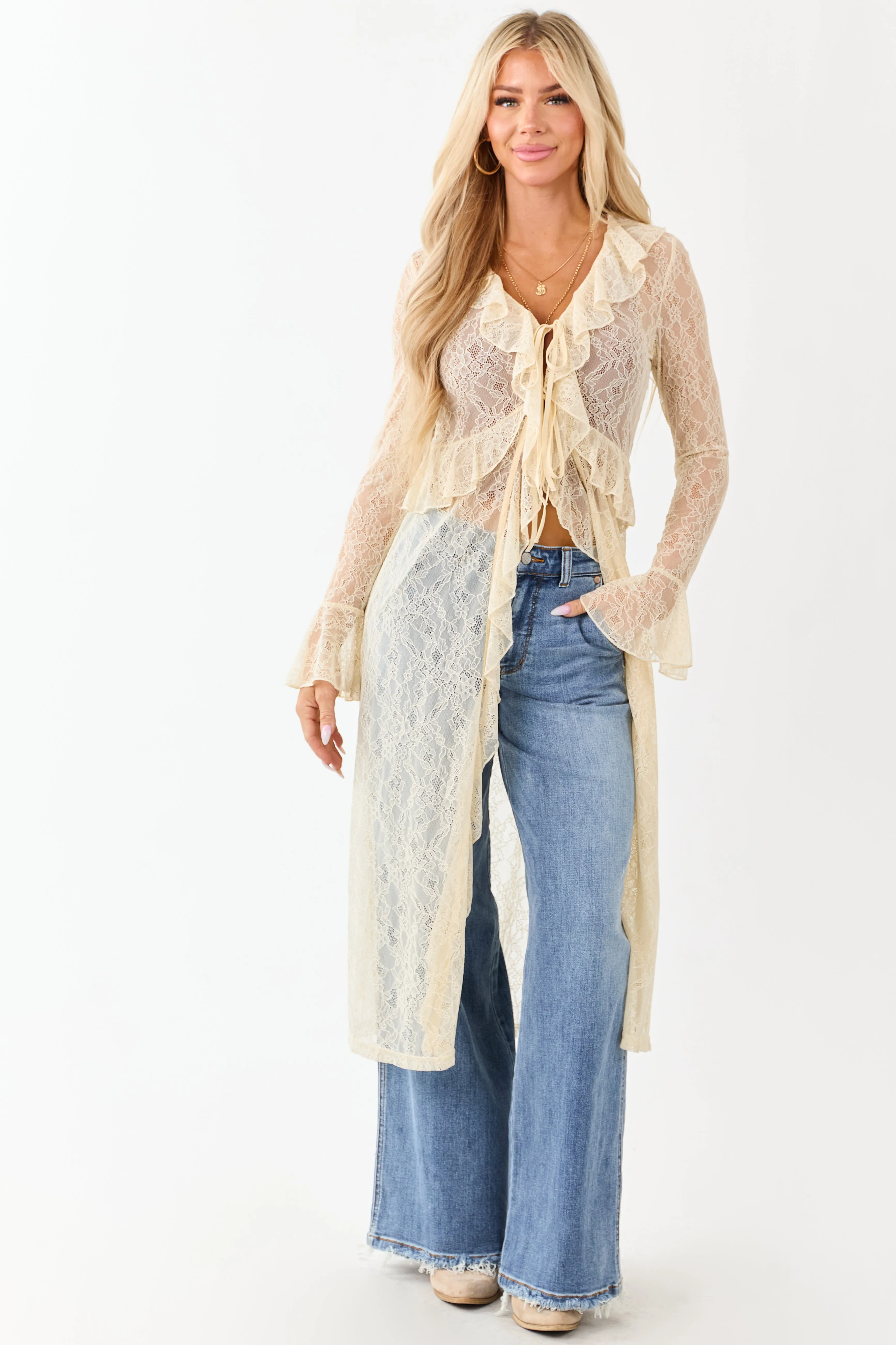 Listicle Cream Sheer Lace Ruffle Duster Cardigan sold by Lime Lush product image thumbnail 3