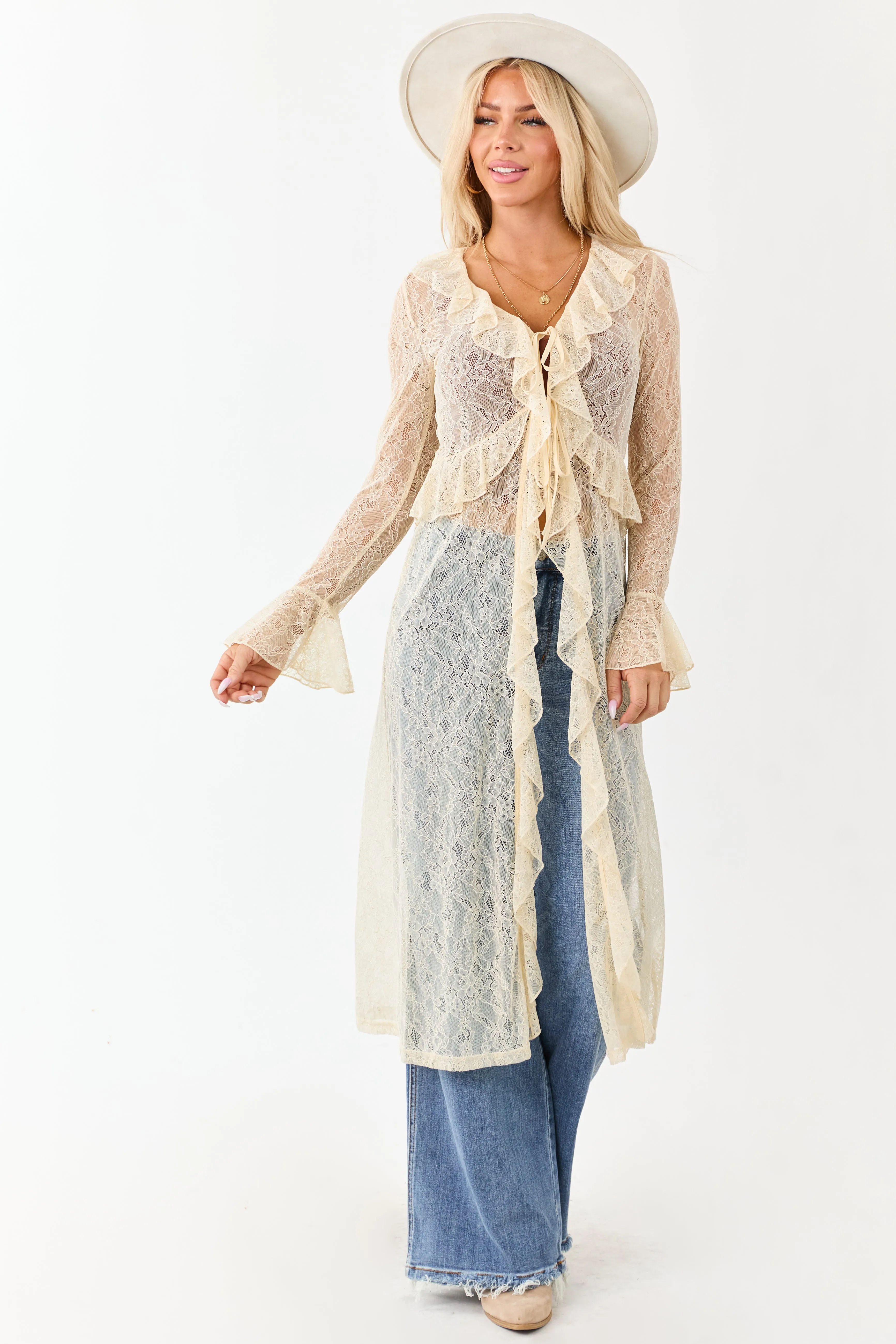 Listicle Cream Sheer Lace Ruffle Duster Cardigan sold by Lime Lush product image thumbnail 4