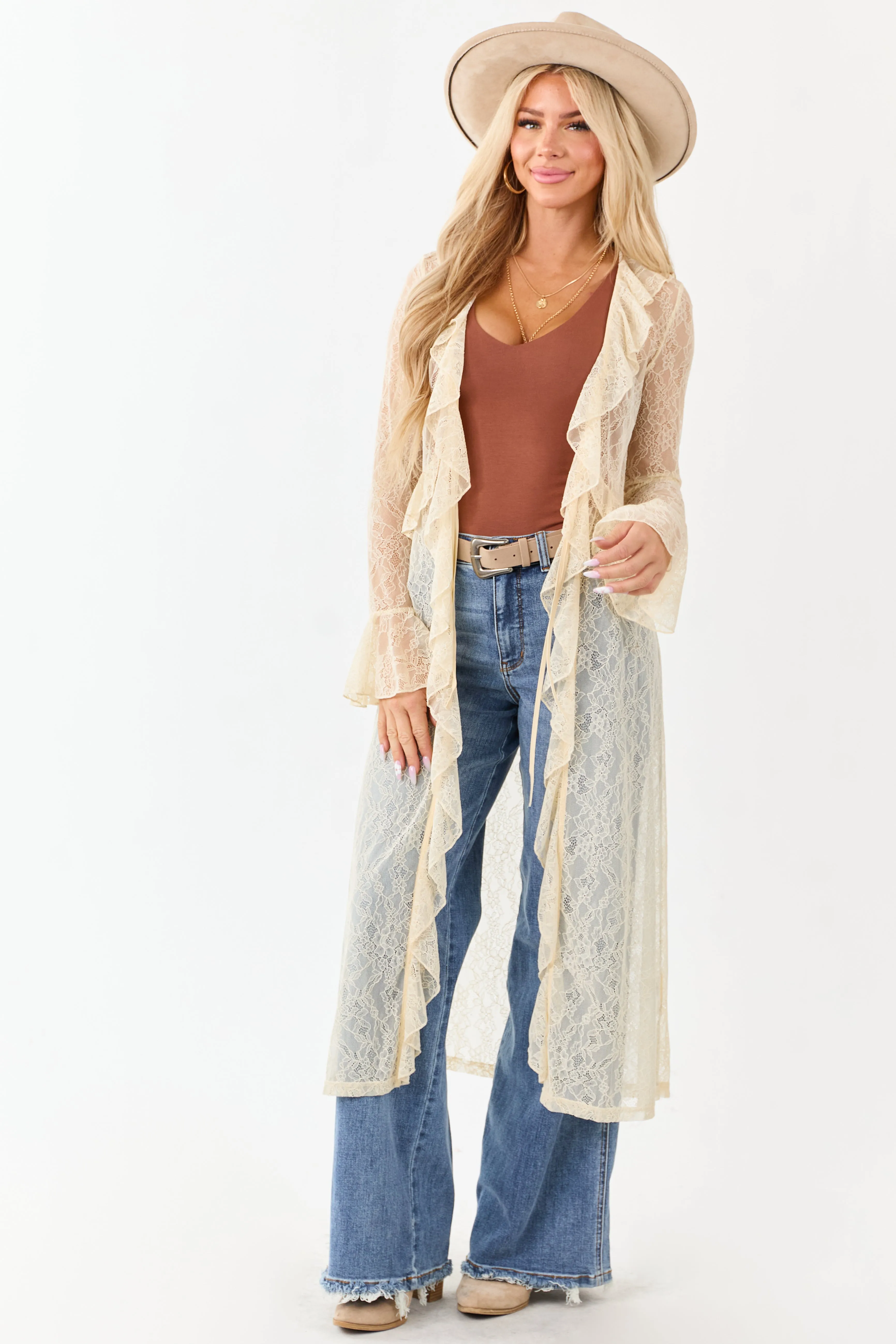 Listicle Cream Sheer Lace Ruffle Duster Cardigan sold by Lime Lush product image thumbnail 2