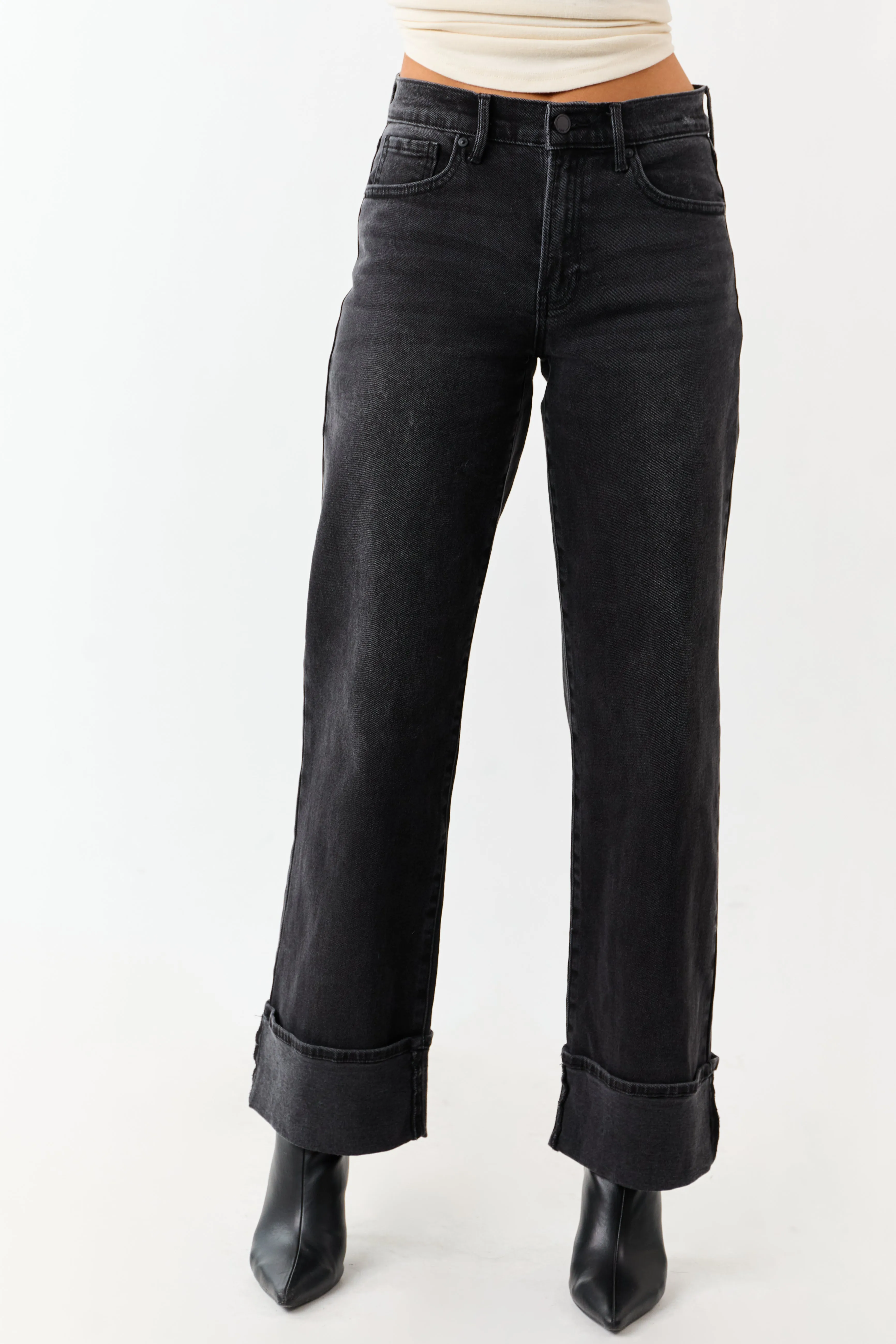 Black Washed Wide Leg Cuffed Stretchy Jeans sold by Lime Lush product image thumbnail 2