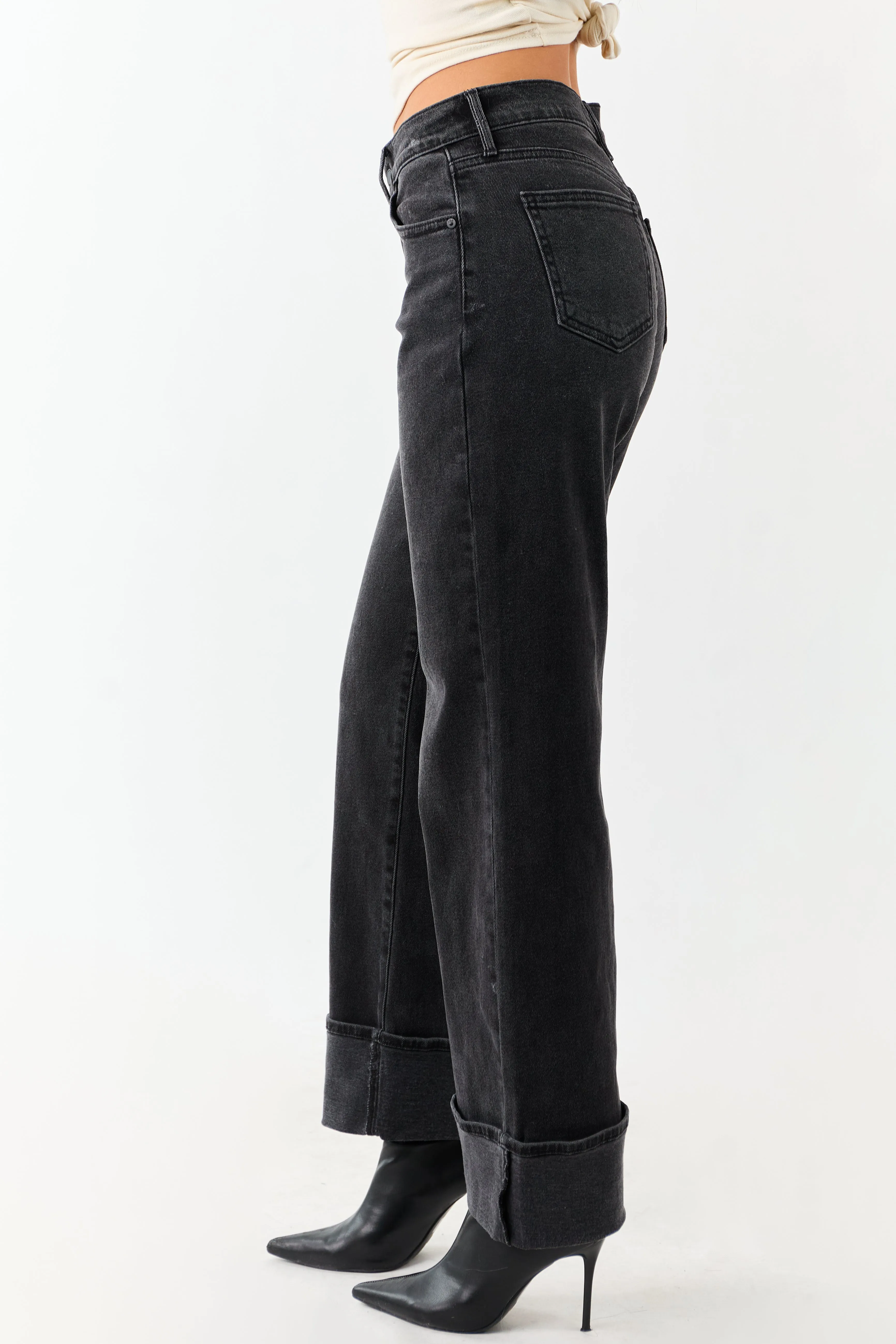 Black Washed Wide Leg Cuffed Stretchy Jeans sold by Lime Lush product image thumbnail 4