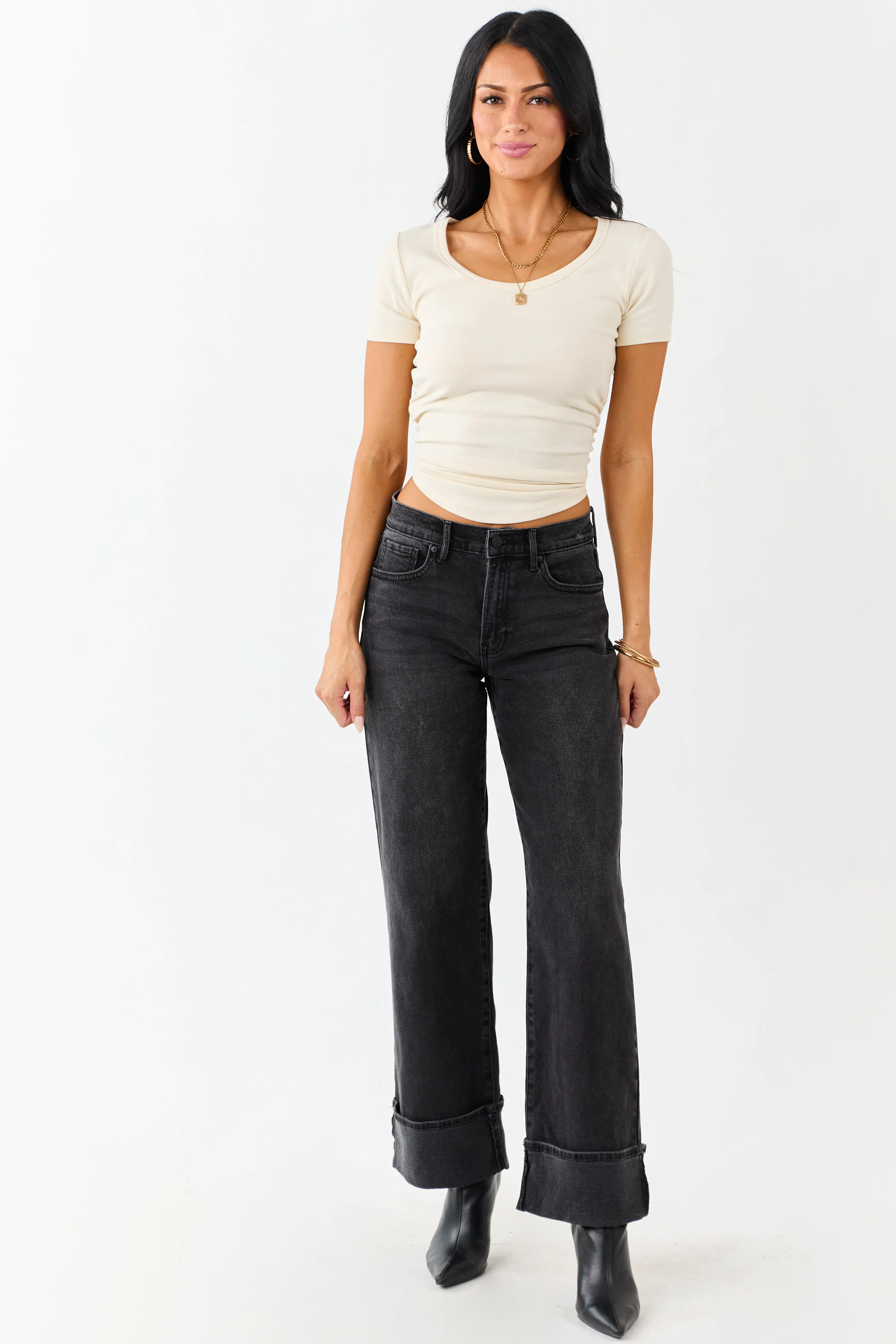 Black Washed Wide Leg Cuffed Stretchy Jeans sold by Lime Lush product image thumbnail 3