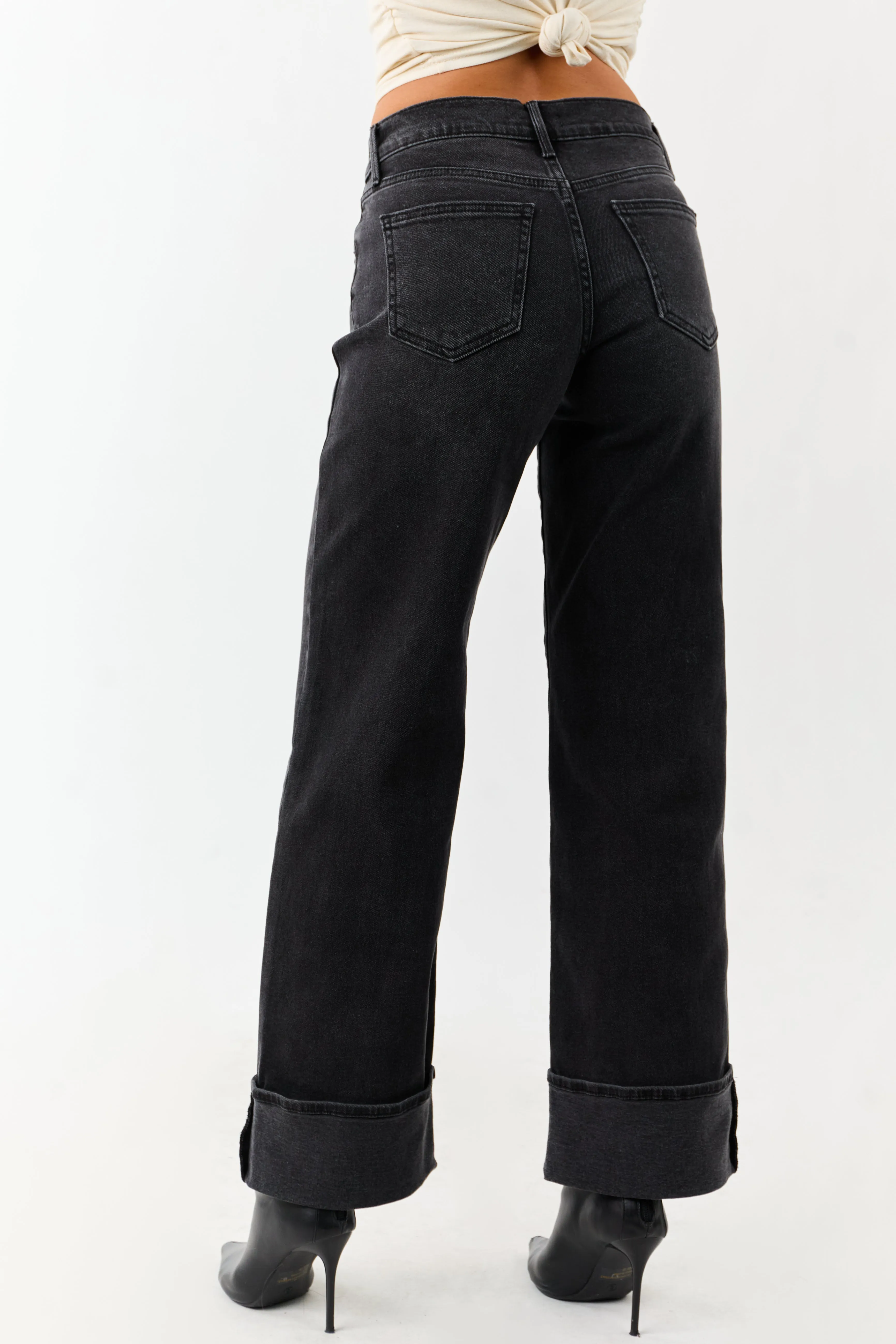 Black Washed Wide Leg Cuffed Stretchy Jeans sold by Lime Lush product image thumbnail 5
