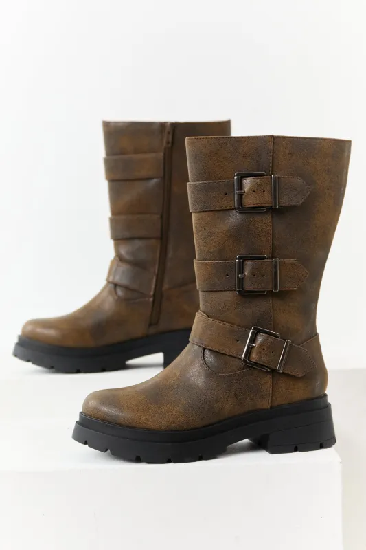 Walnut Textured Faux Leather Buckle Boots sold by Lime Lush