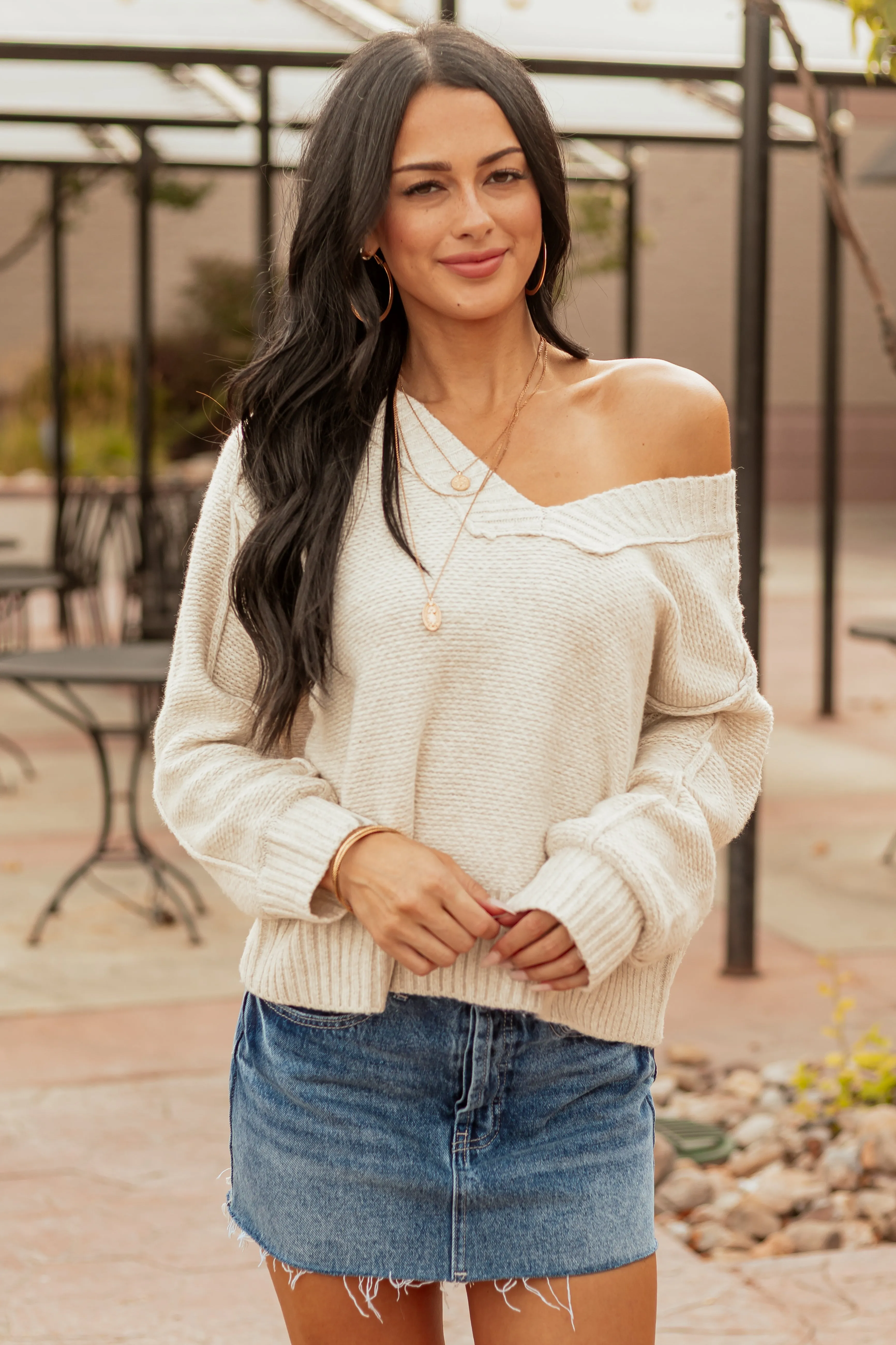 Vanilla V-Neck Ribbed Trim Relaxed Sweater sold by Lime Lush