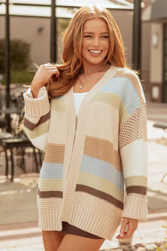 Beige Colorblock Striped Relaxed Open Front Cardigan sold by Lime Lush