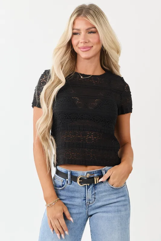 Black Open Floral Lace Fitted Short Sleeve Top sold by Lime Lush