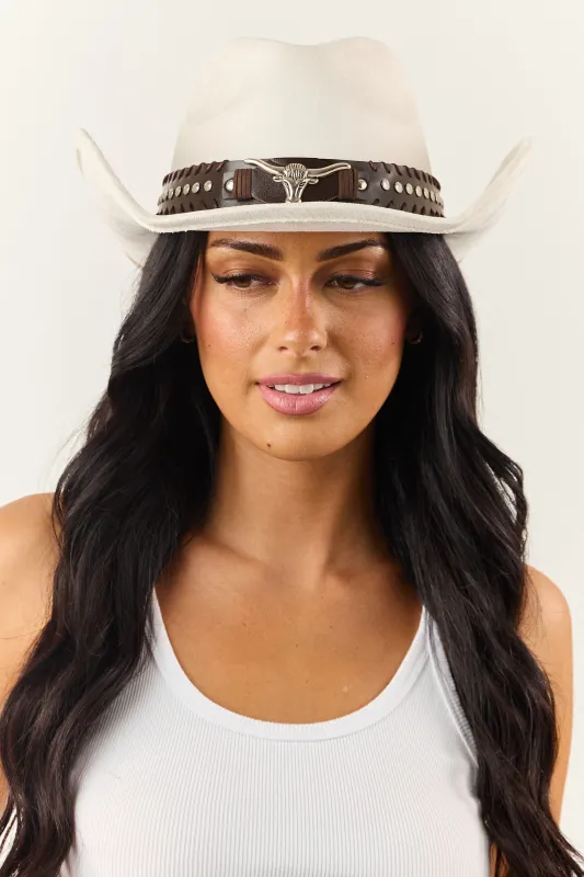 Ivory Faux Suede Longhorn Detail Cowboy Hat sold by Lime Lush