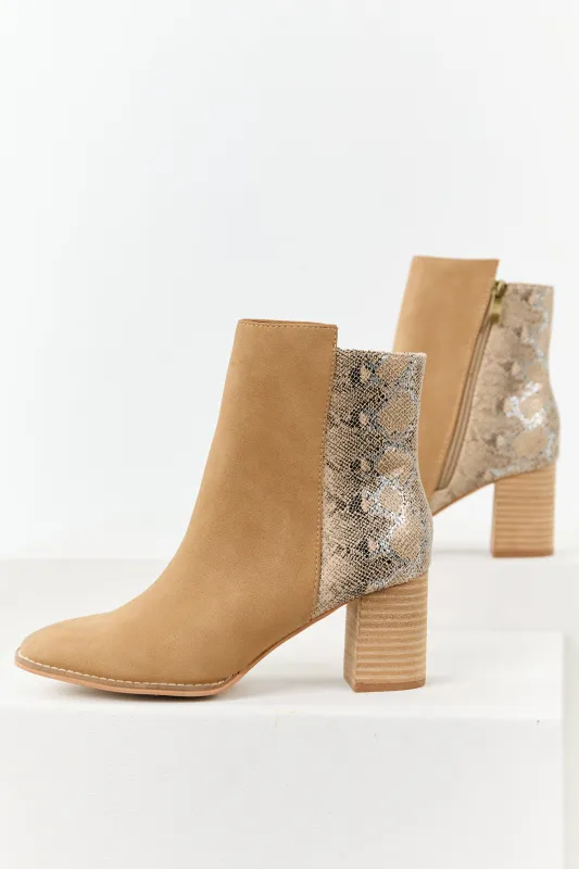Peanut Faux Snakeskin Contrast Block Heel Booties sold by Lime Lush