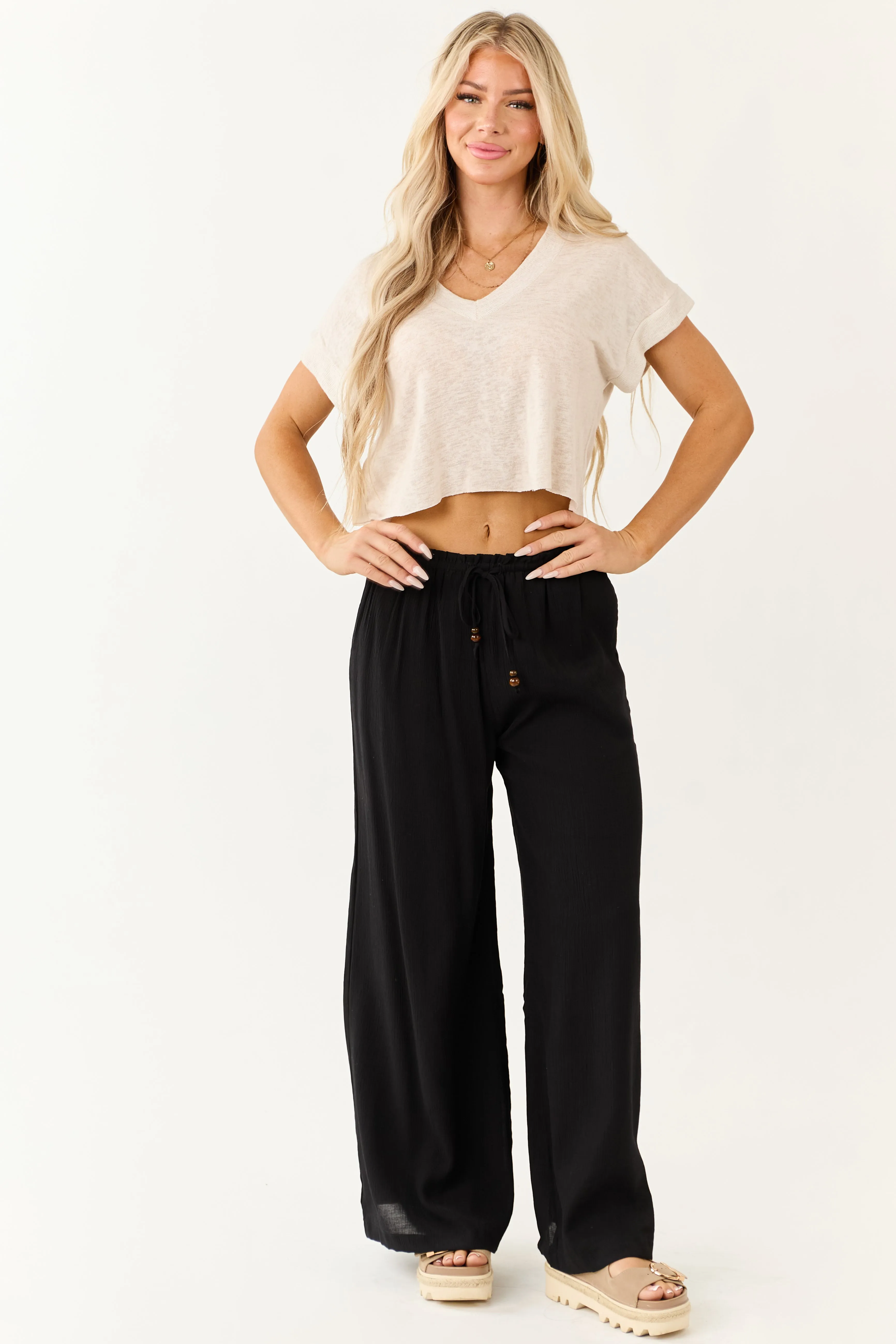 Black Wide Leg Drawstring High Waist Pants sold by Lime Lush product image thumbnail 5