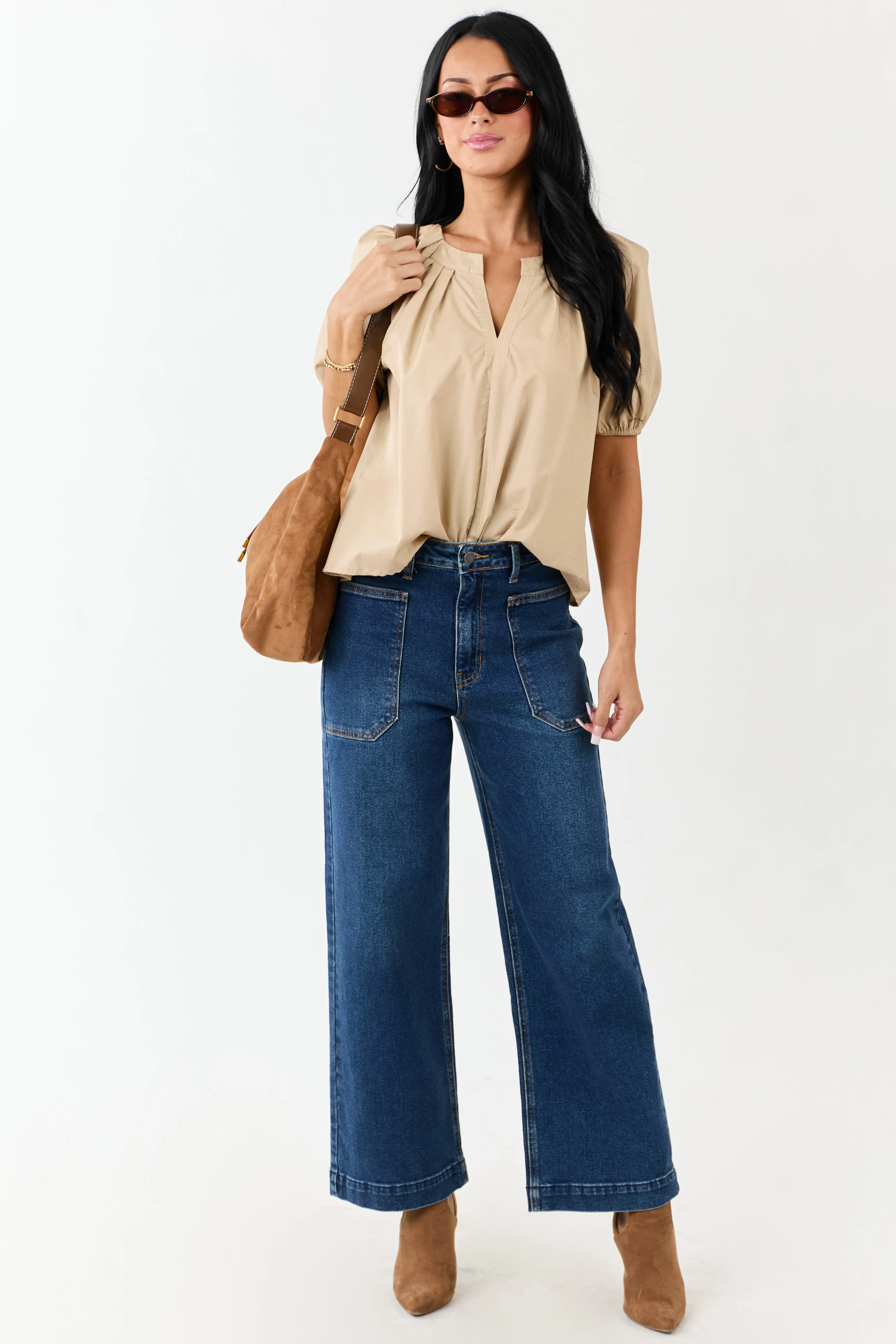 Beige Pleated Half Puff Sleeve Cotton Top sold by Lime Lush product image thumbnail 3