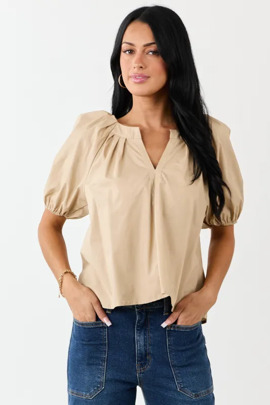Beige Pleated Half Puff Sleeve Cotton Top sold by Lime Lush