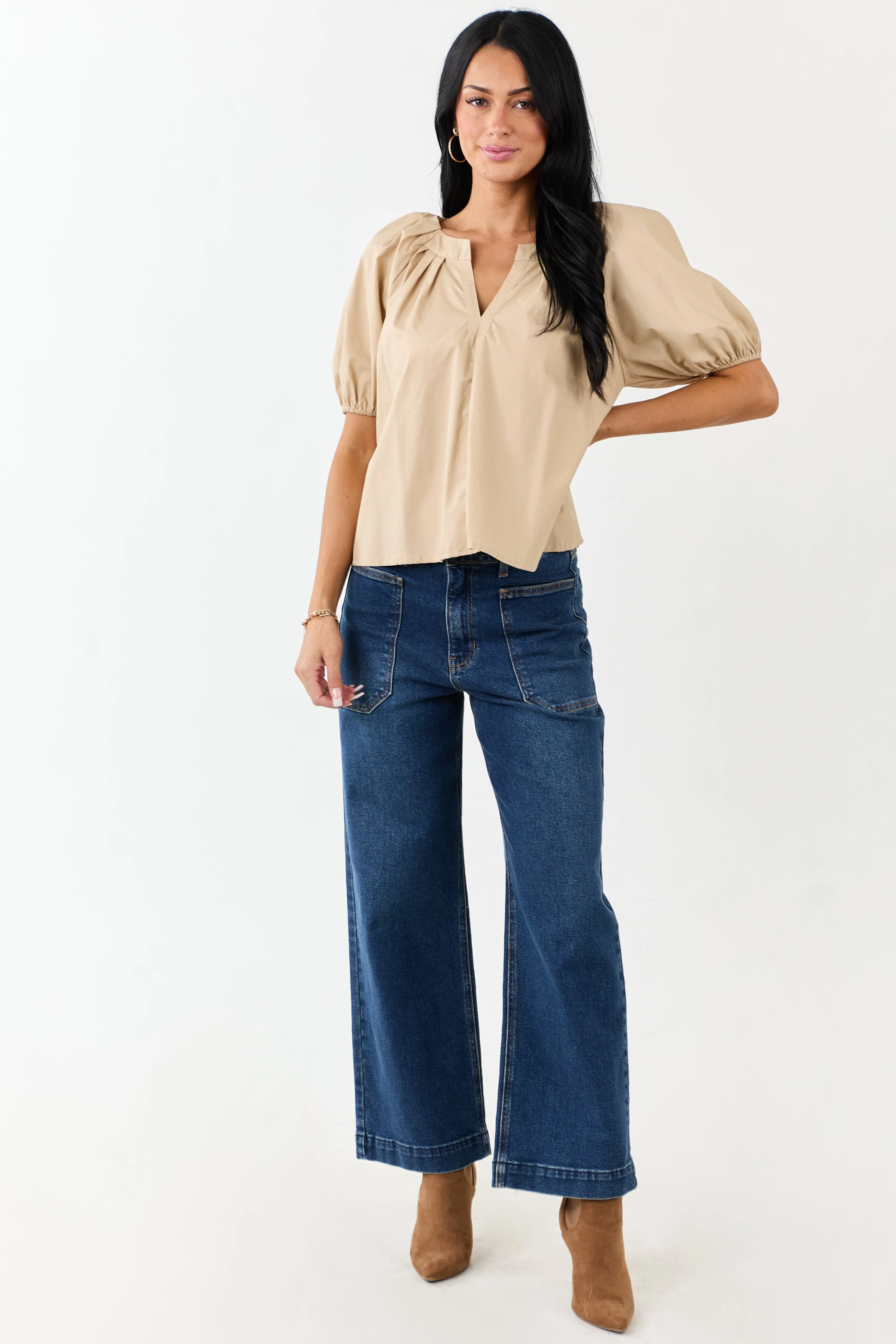 Beige Pleated Half Puff Sleeve Cotton Top sold by Lime Lush product image thumbnail 2