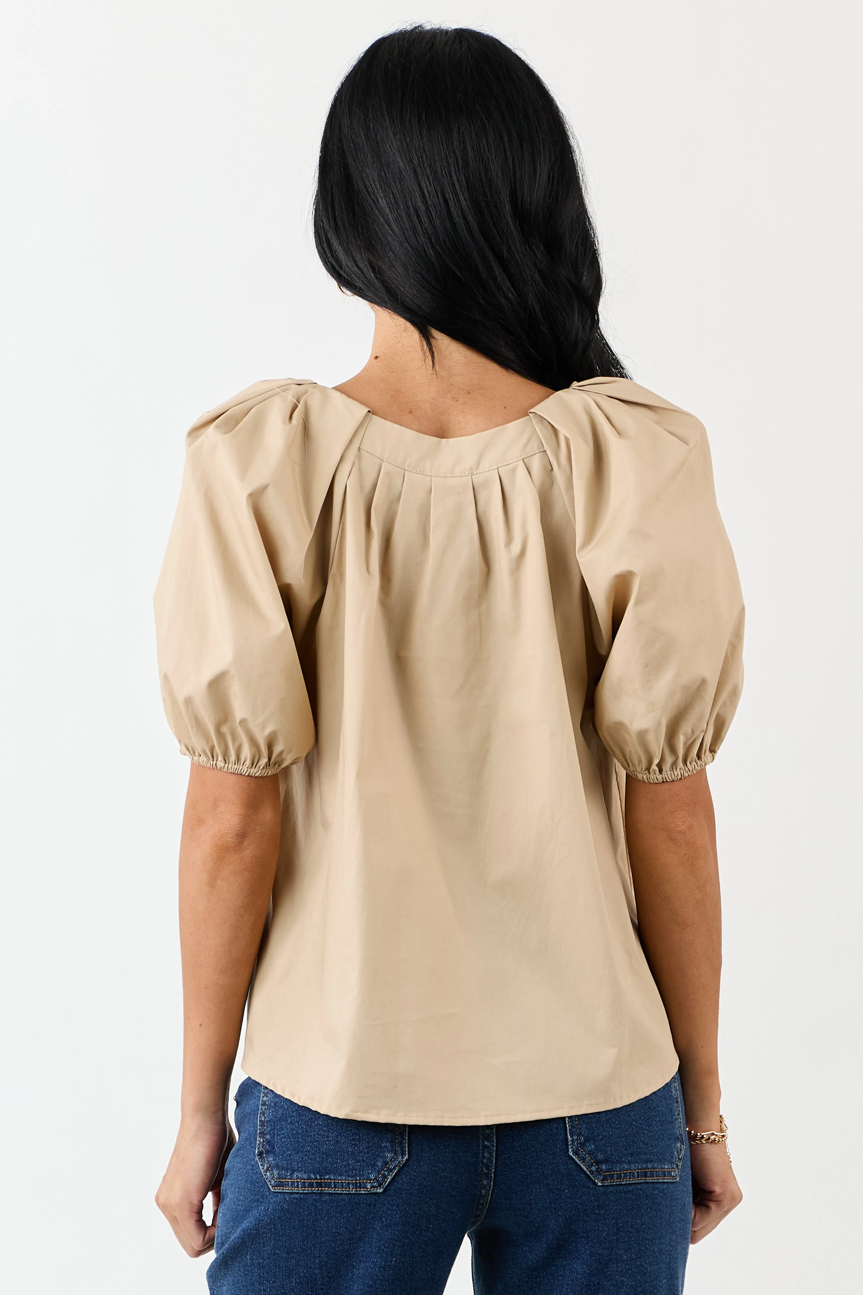 Beige Pleated Half Puff Sleeve Cotton Top sold by Lime Lush product image thumbnail 5