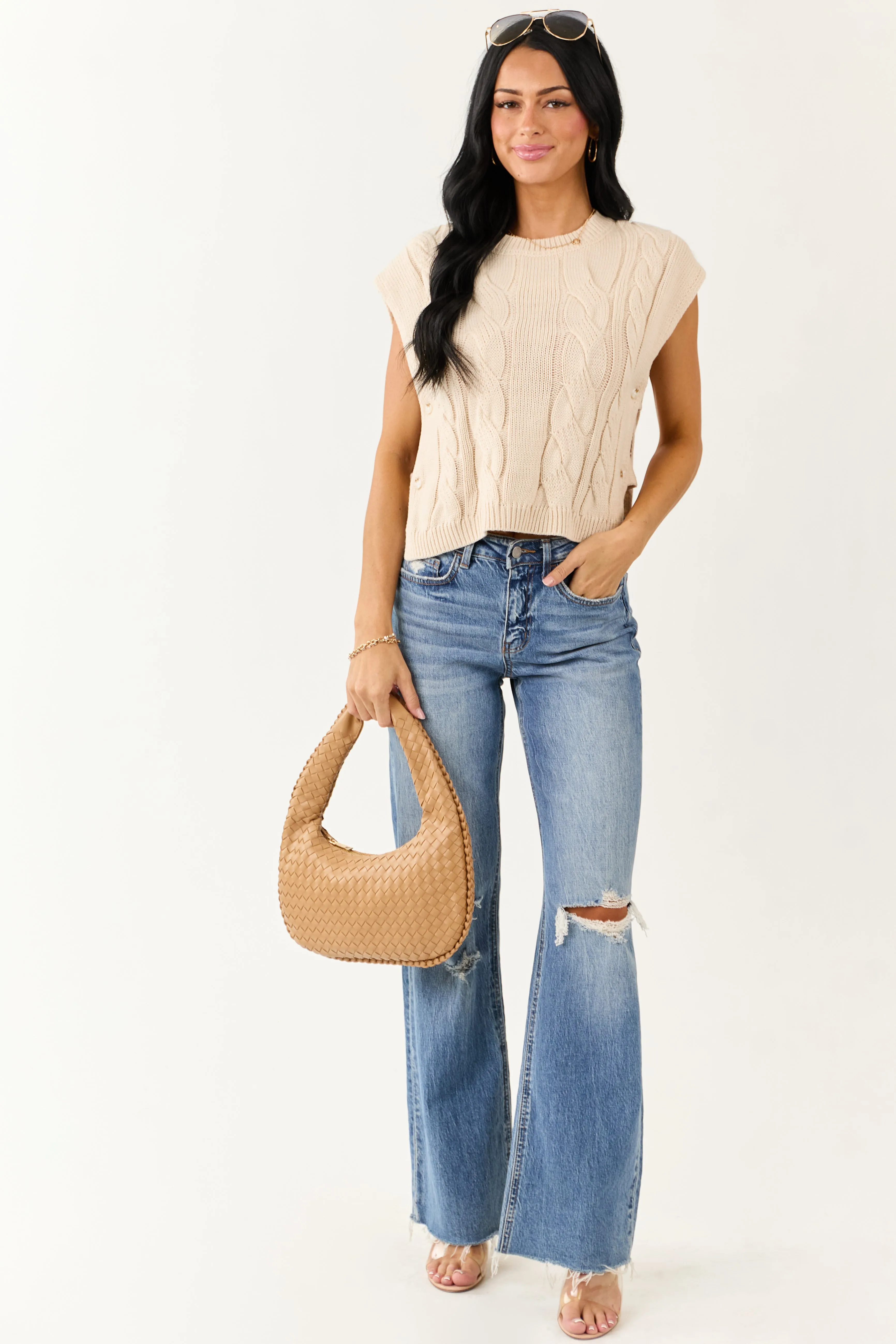 Champagne Open Side Cable Knit Sweater Vest sold by Lime Lush product image thumbnail 4