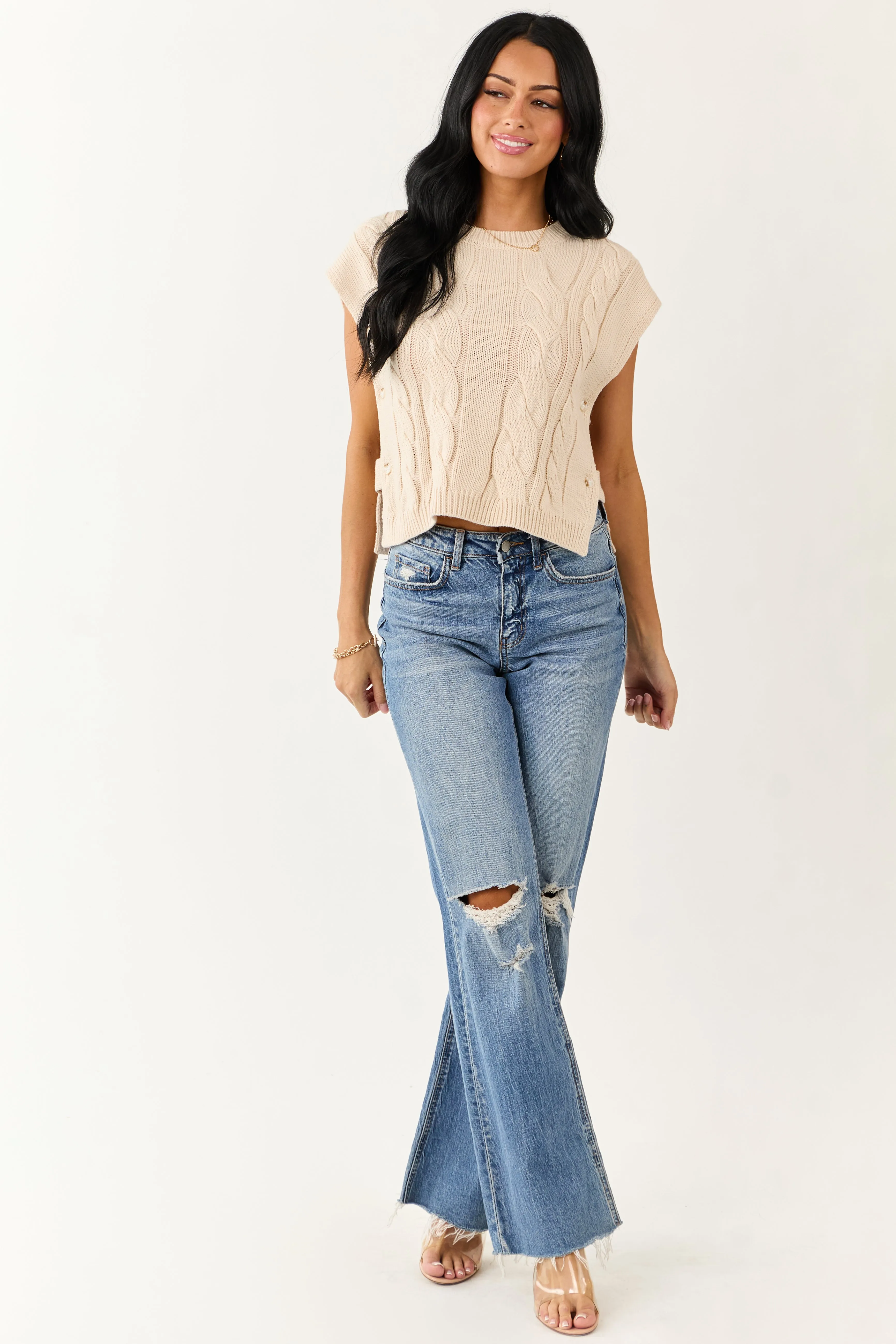 Champagne Open Side Cable Knit Sweater Vest sold by Lime Lush product image thumbnail 3