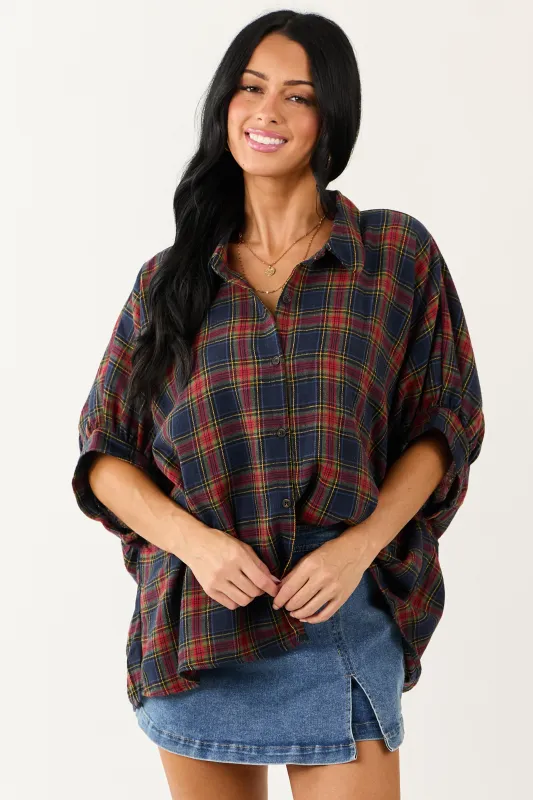 Navy Blue Plaid Button Up Dolman Sleeve Top sold by Lime Lush
