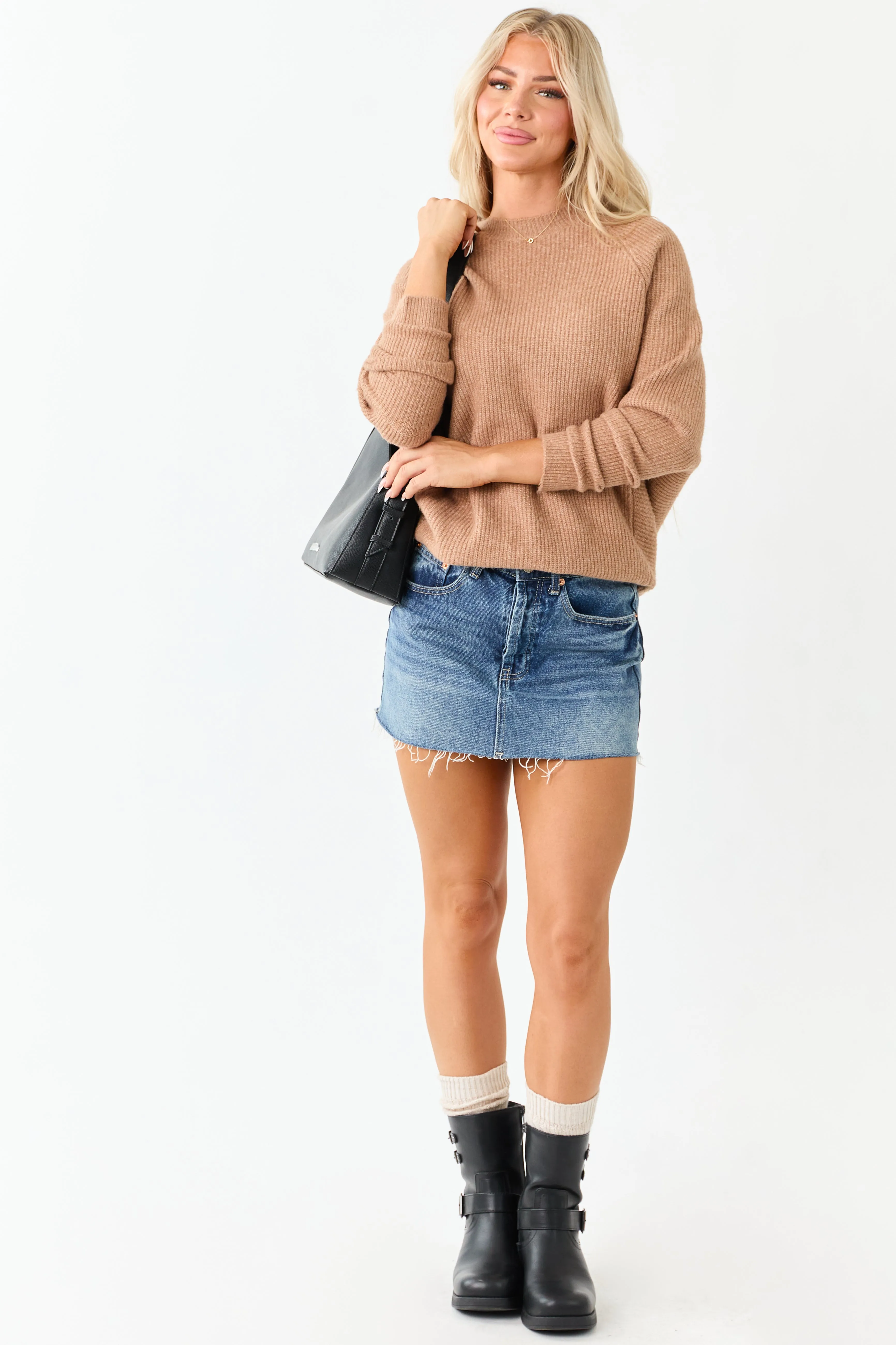 Brown Sugar Ribbed Knit Round Neck Relaxed Sweater sold by Lime Lush product image thumbnail 3