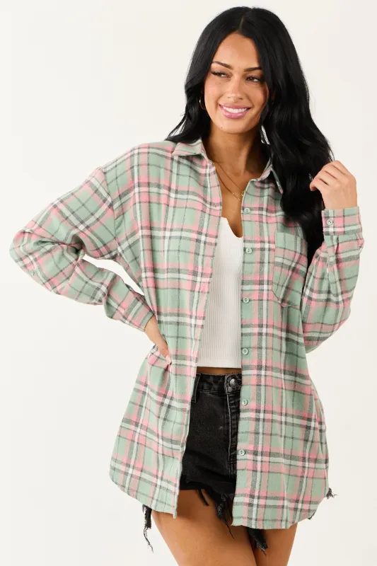 Sage Plaid Button Down Relaxed Long Sleeve Top sold by Lime Lush