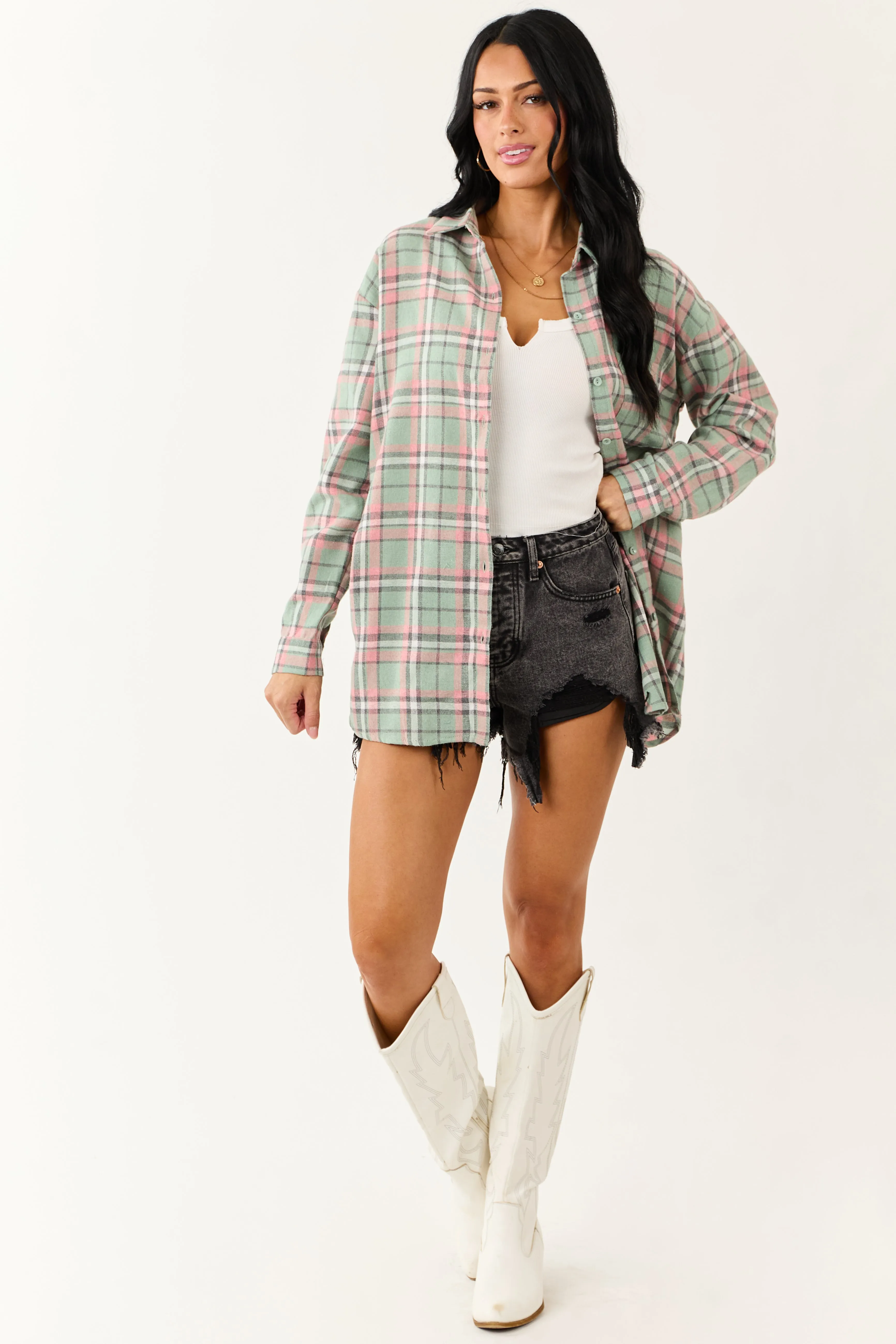 Sage Plaid Button Down Relaxed Long Sleeve Top sold by Lime Lush product image thumbnail 2