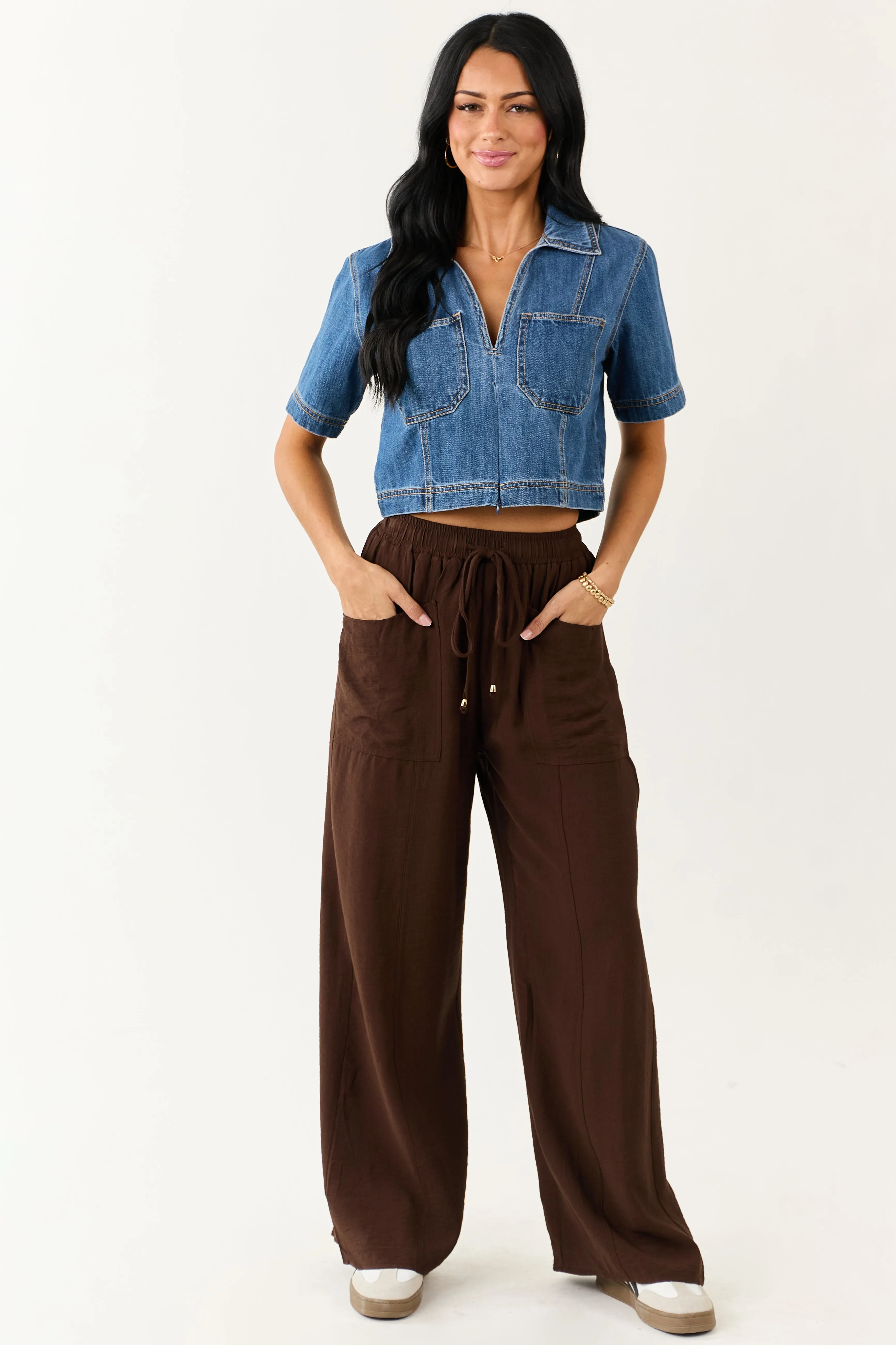 Entro Cocoa Smocked High Rise Wide Leg Pants sold by Lime Lush