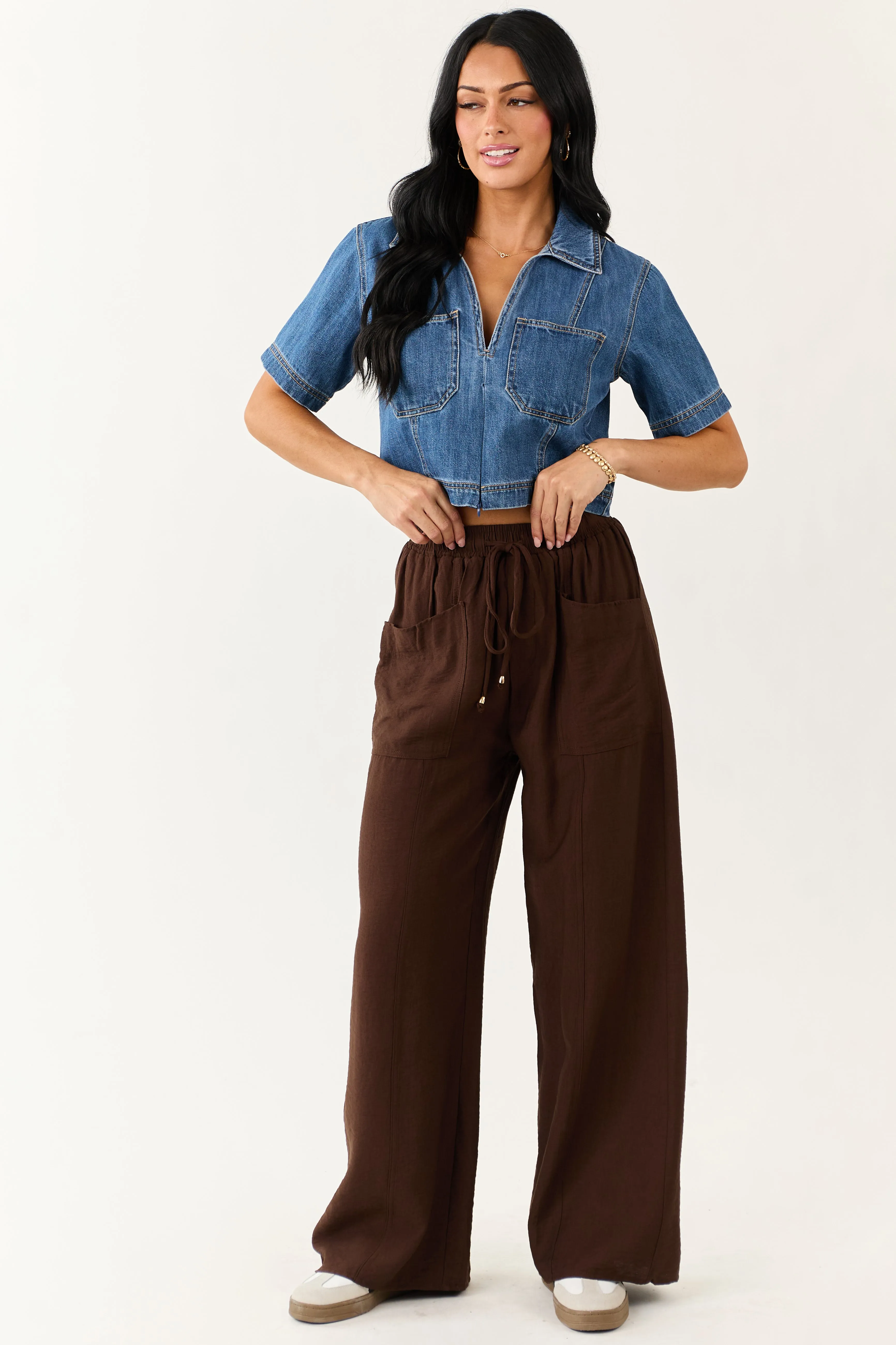 Entro Cocoa Smocked High Rise Wide Leg Pants sold by Lime Lush product image thumbnail 5