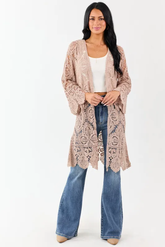 Taupe Open Crochet Bell Sleeve Cotton Duster Cardigan sold by Lime Lush
