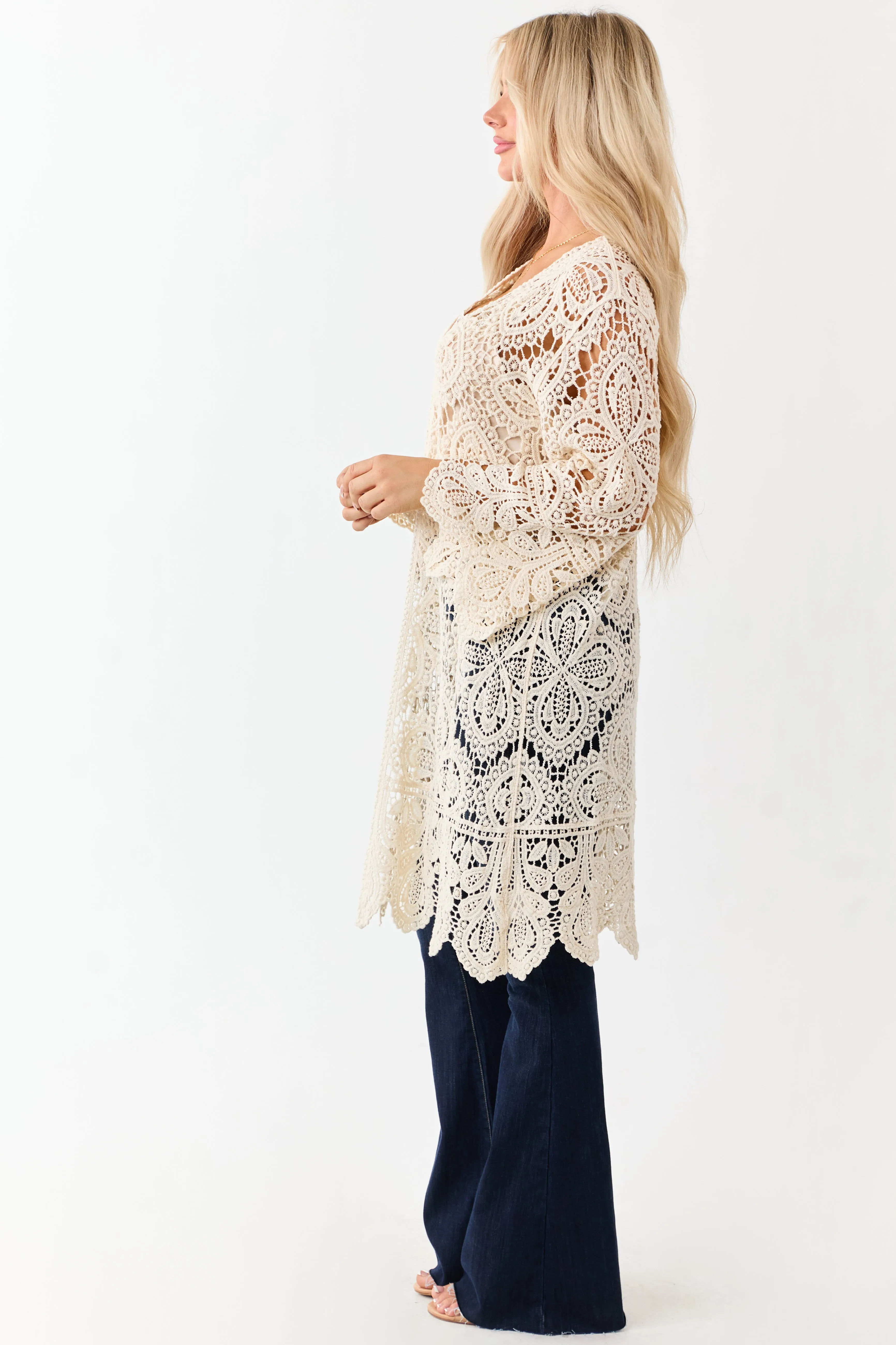 Cream Open Crochet Bell Sleeve Cotton Duster Cardigan sold by Lime Lush product image thumbnail 5