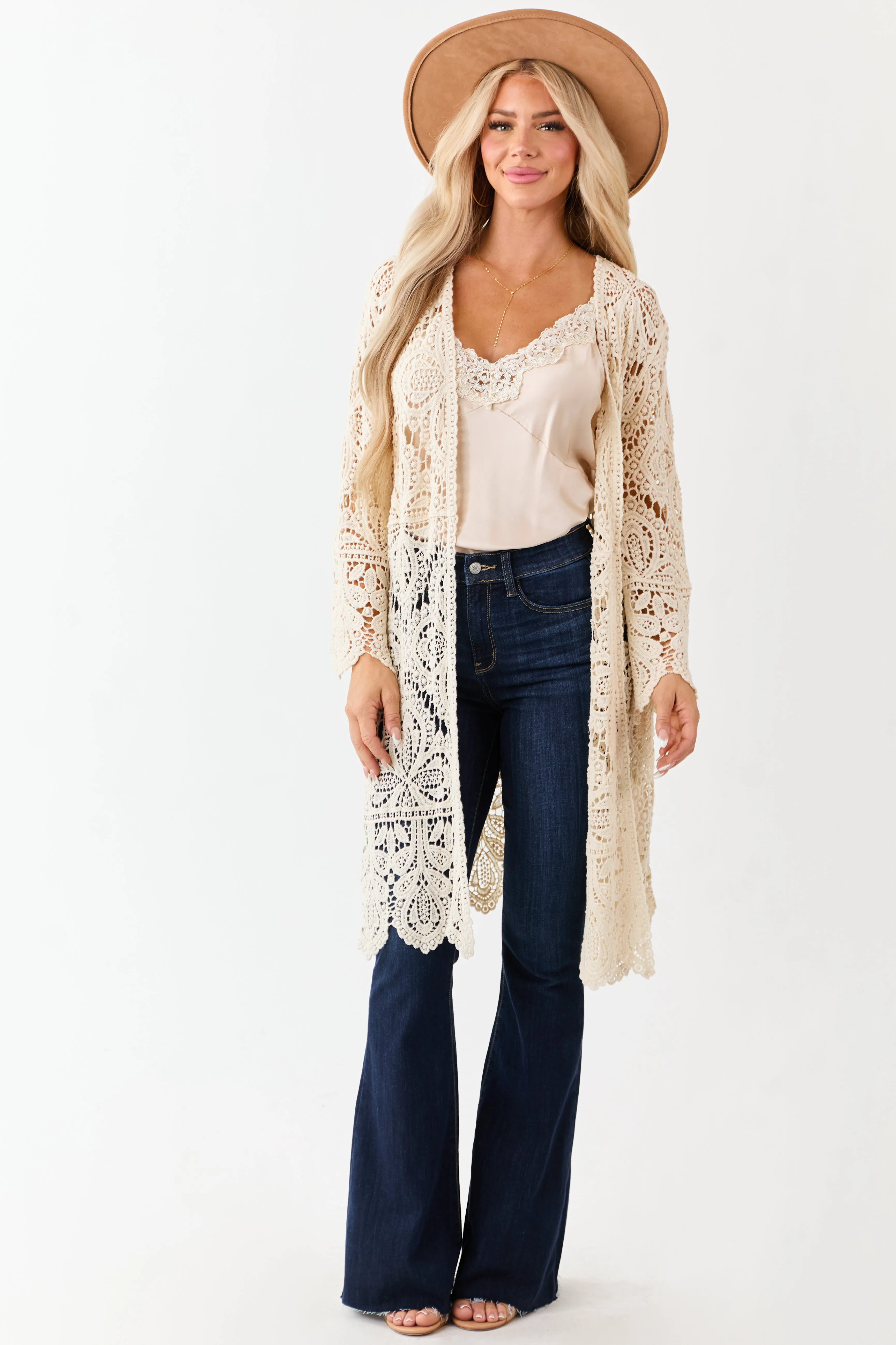 Cream Open Crochet Bell Sleeve Cotton Duster Cardigan sold by Lime Lush product image thumbnail 4