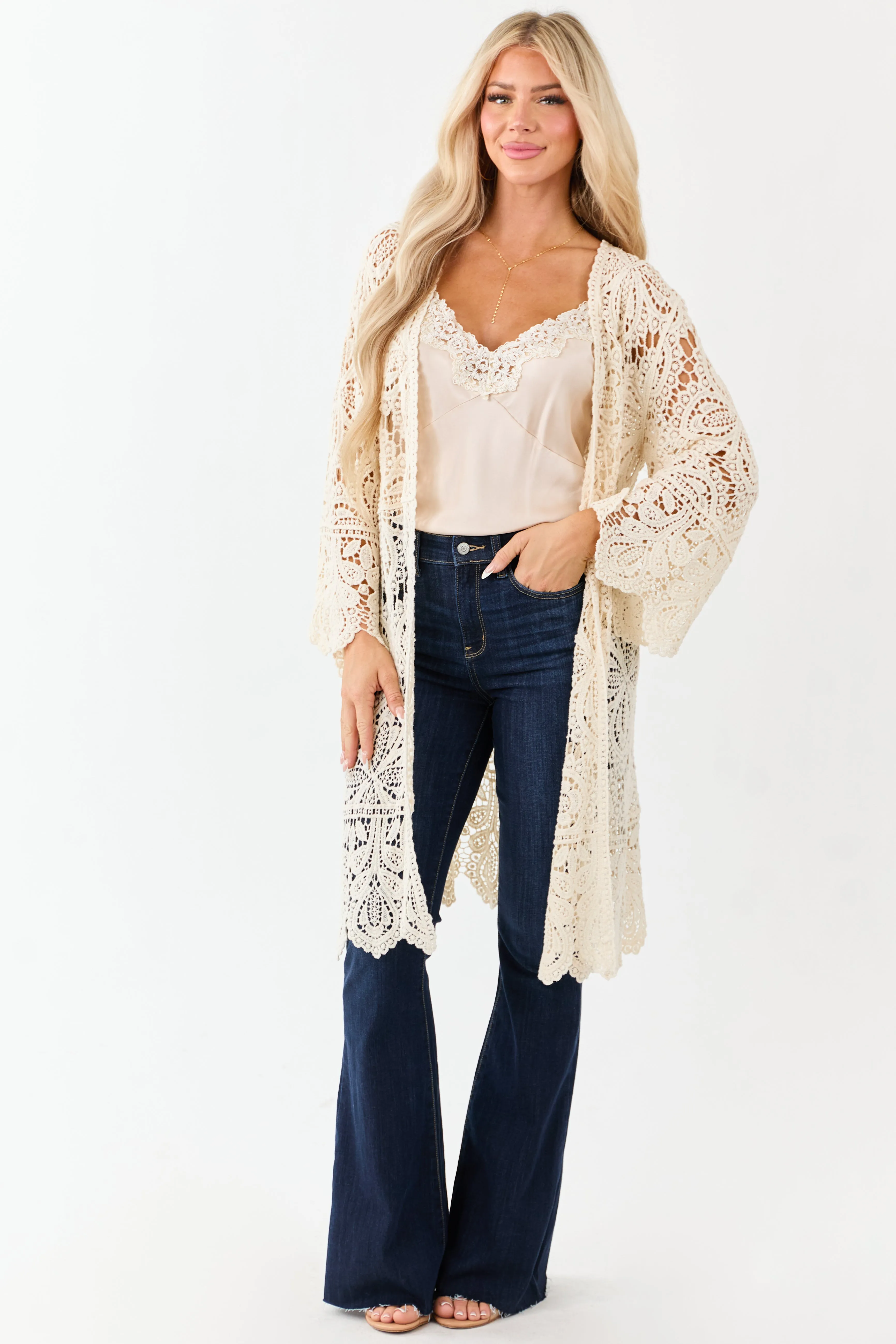 Cream Open Crochet Bell Sleeve Cotton Duster Cardigan sold by Lime Lush