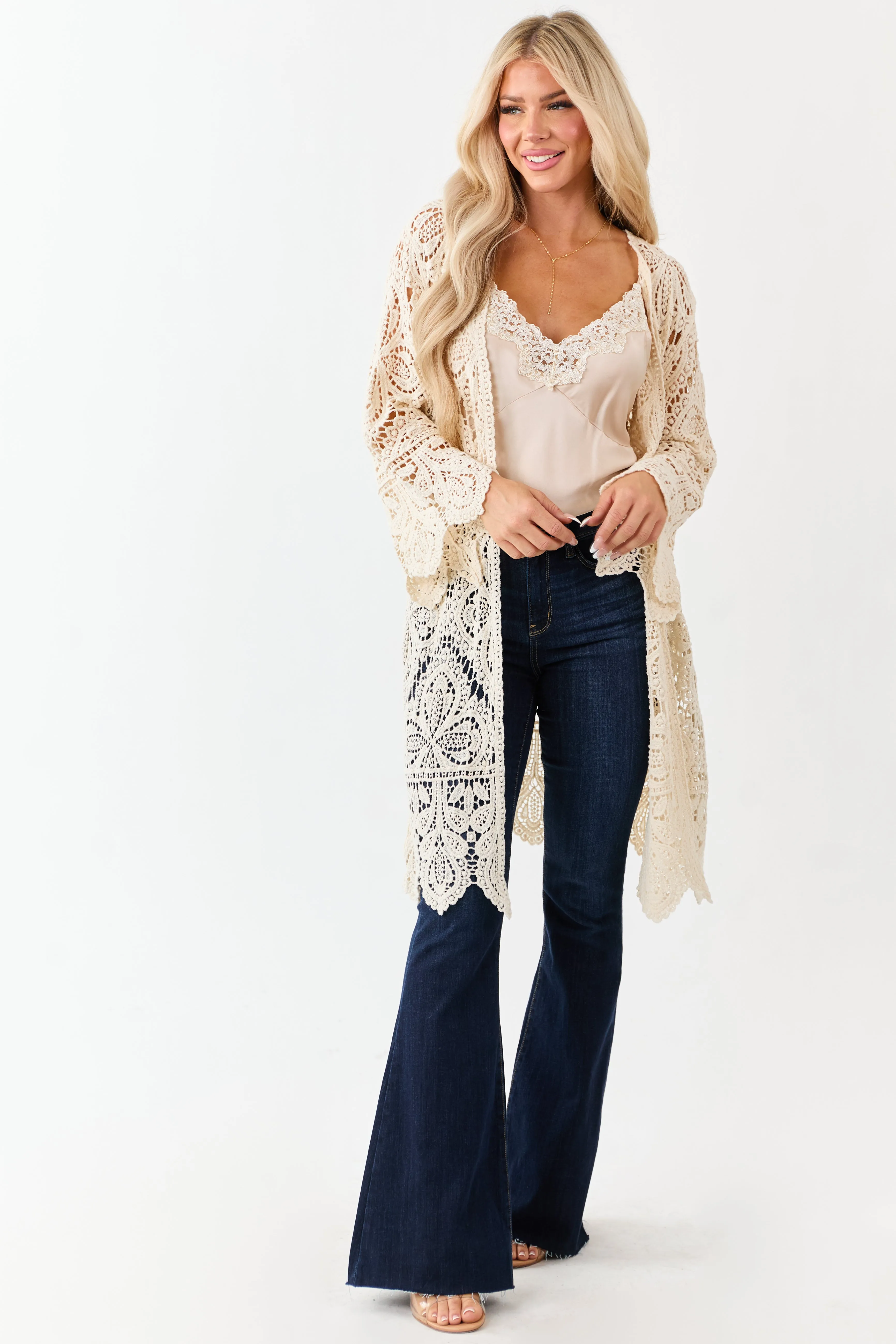 Cream Open Crochet Bell Sleeve Cotton Duster Cardigan sold by Lime Lush product image thumbnail 3