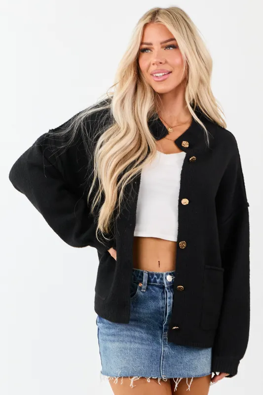 Entro Black Button Up Soft Knit Wool Blend Cardigan sold by Lime Lush