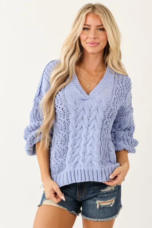 POL Cornflower Bubble Sleeve Cable Knit Sweater sold by Lime Lush