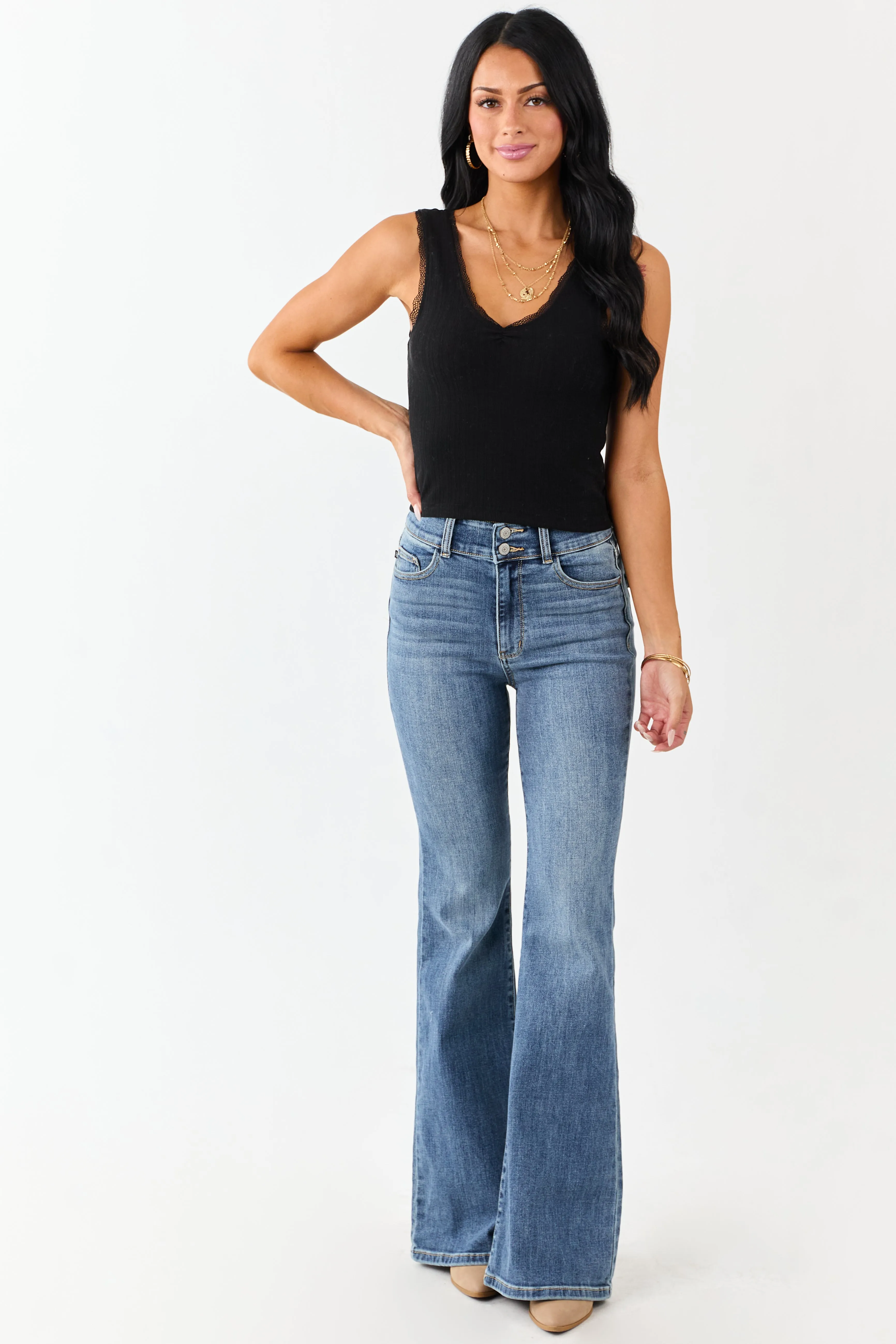 Black Lace Trim Cropped Rib Knit Tank Top sold by Lime Lush product image thumbnail 2