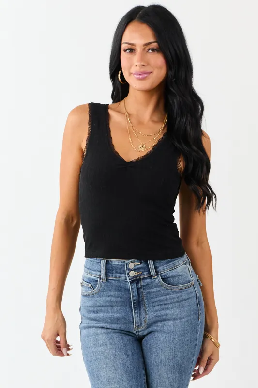 Black Lace Trim Cropped Rib Knit Tank Top sold by Lime Lush